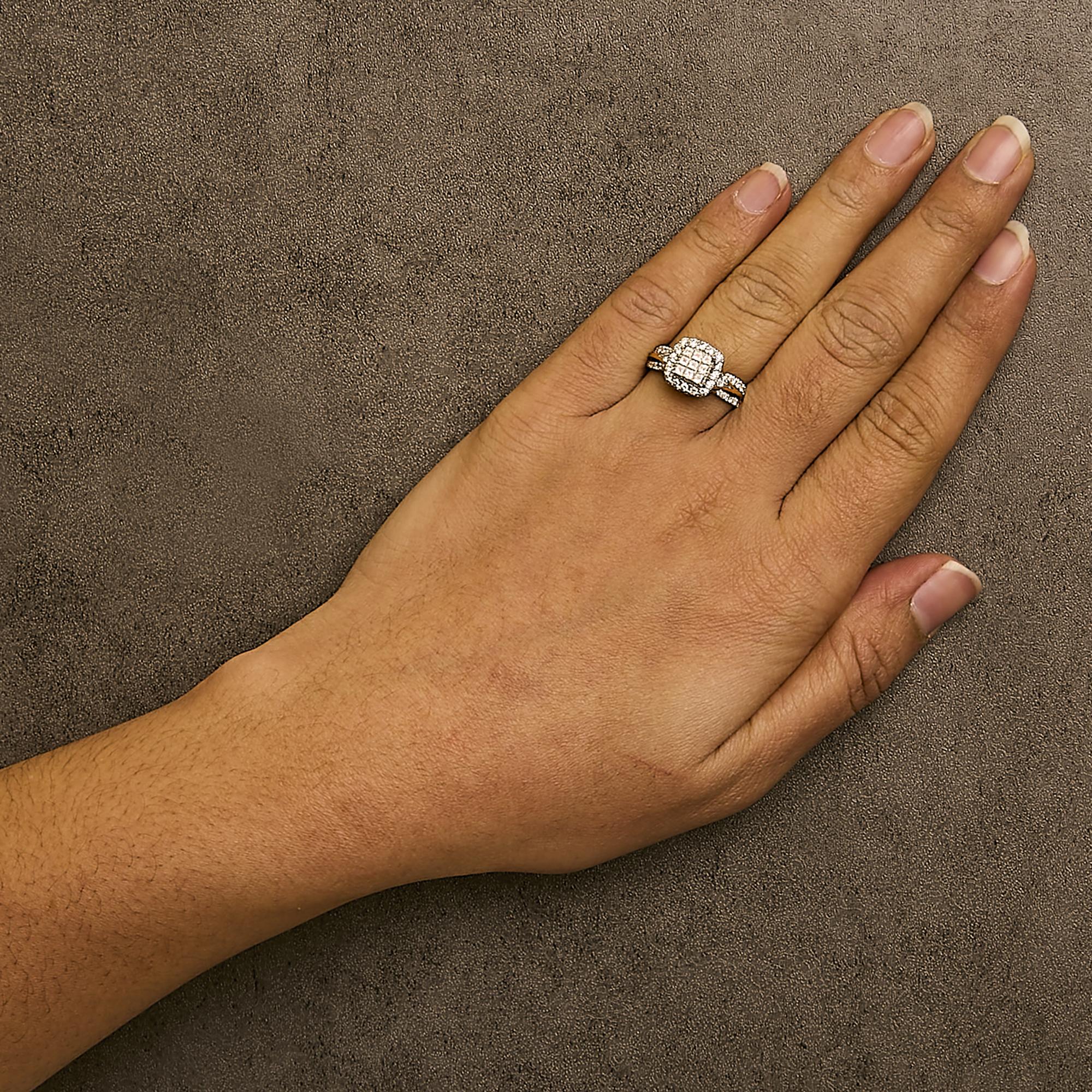 10K Yellow Gold 1.0 Cttw Diamond Composite Cushion-Shape Halo 3-Band-Look Engagement Ring (H-I Color, SI1-SI2 Clarity) - Image 3
