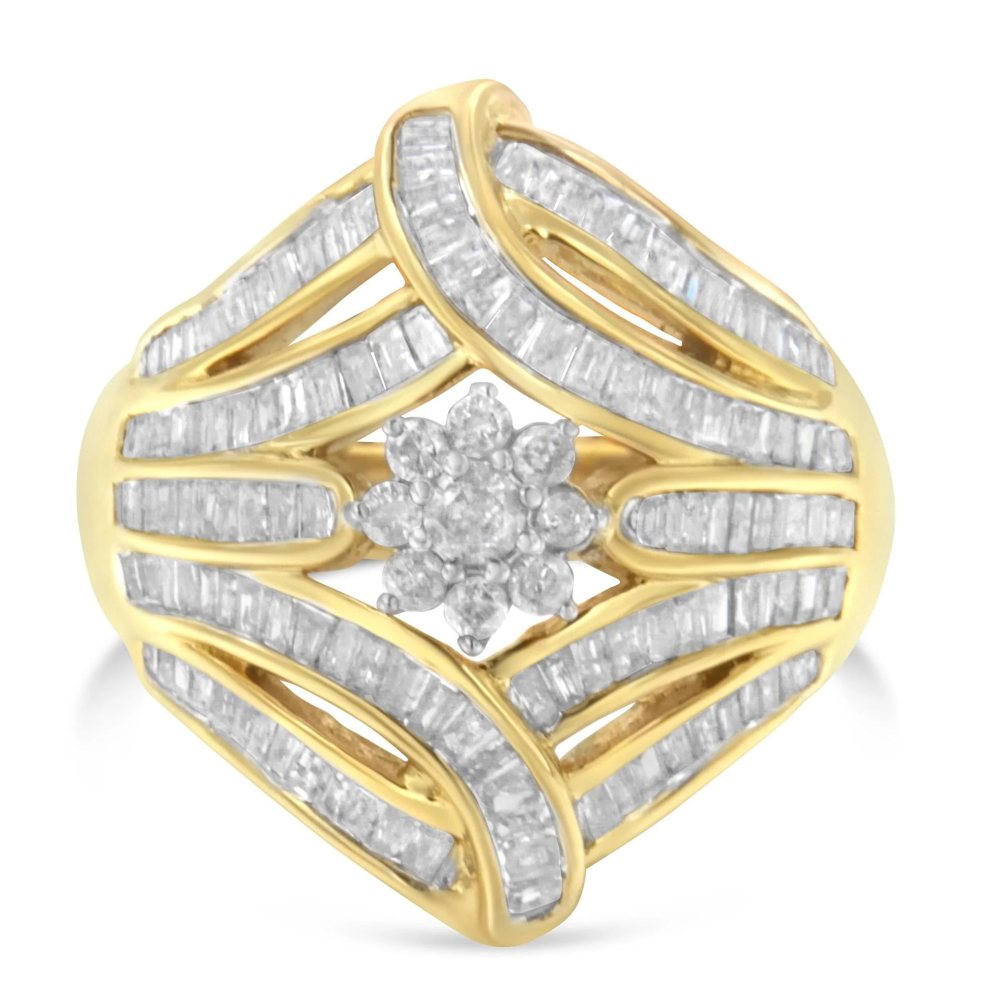 10K Yellow Gold Flashed .925 Sterling Silver 1-1/8 Cttw Round & Baguette Diamond 'Flower & Fern' Cluster Cocktail Fashion Ring (I-J Color, I2-I3 Clarity) - Image 4