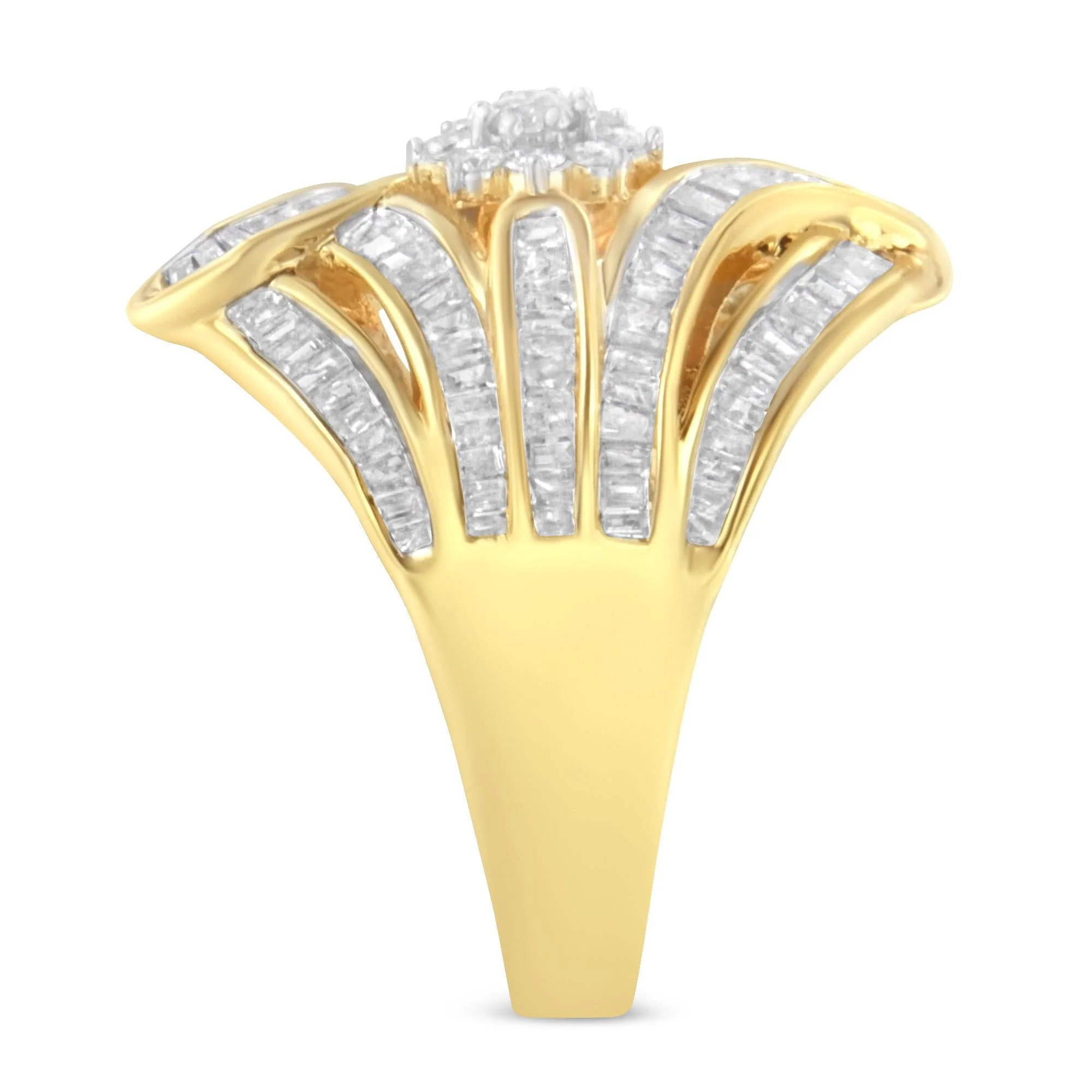 10K Yellow Gold Flashed .925 Sterling Silver 1-1/8 Cttw Round & Baguette Diamond 'Flower & Fern' Cluster Cocktail Fashion Ring (I-J Color, I2-I3 Clarity) - Image 6