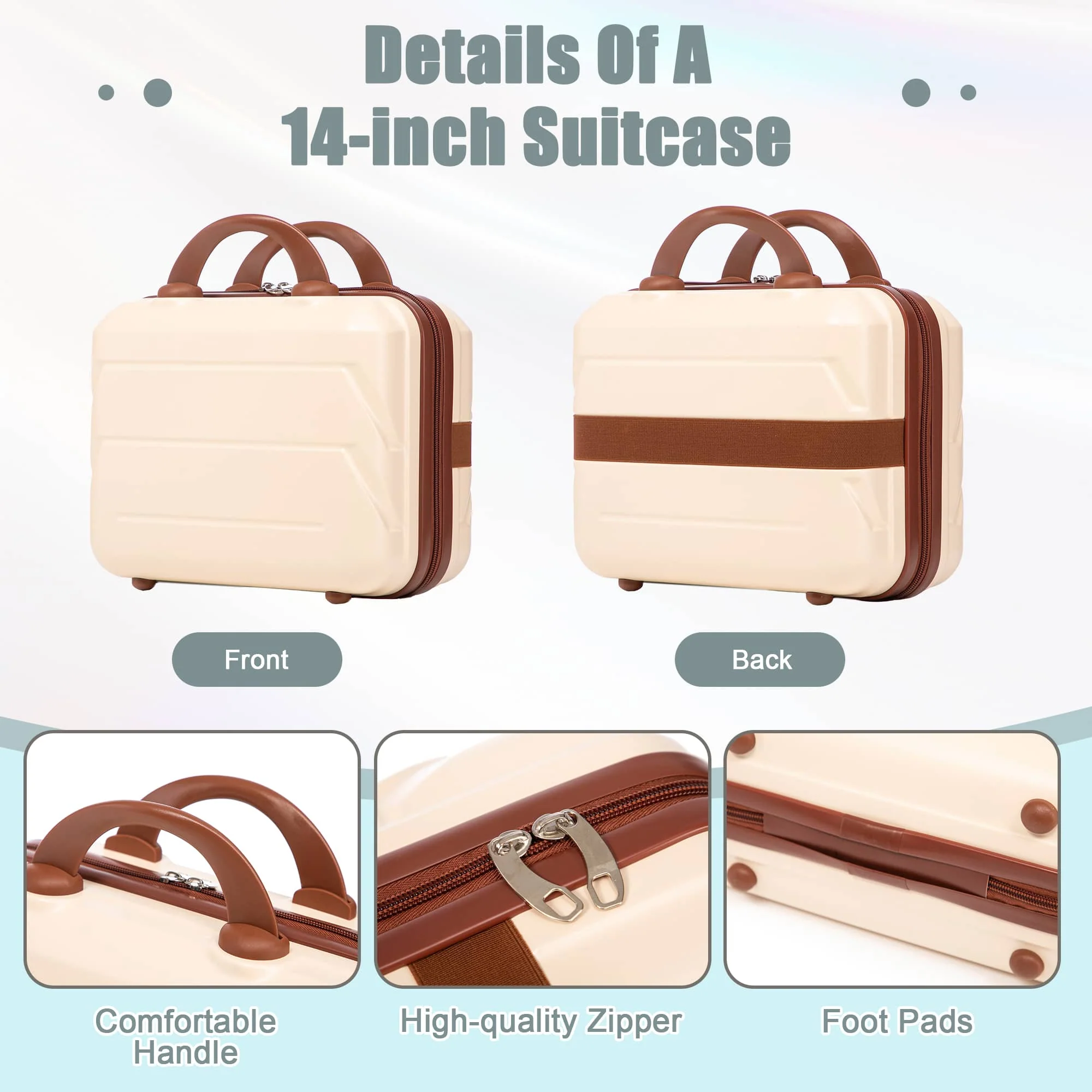14"/20" 2 pcs/set in ABS Spinner Wheel Luggage, with Combination Lock,14" Cosmetic Case (Beige) - Image 5
