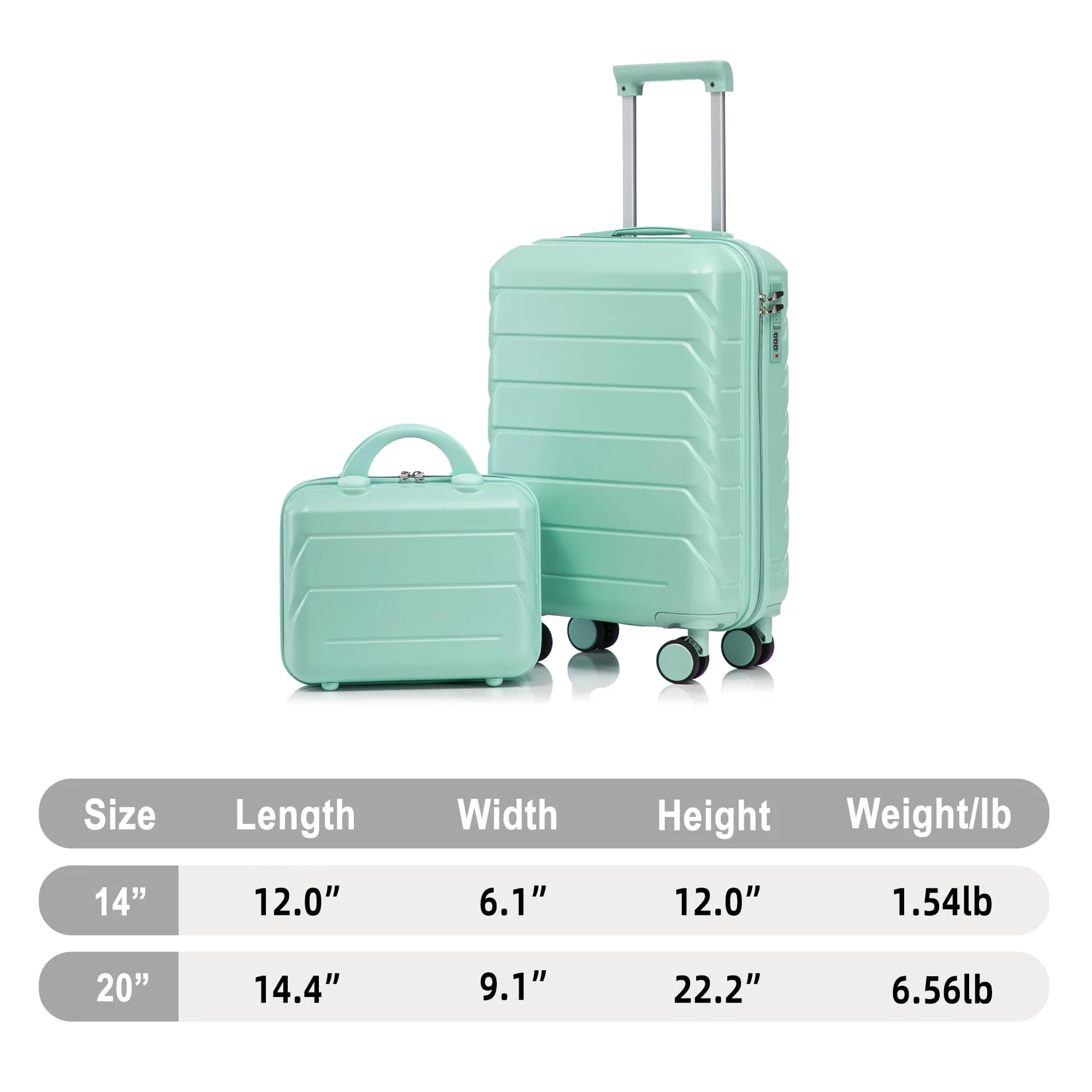 14"/20" 2 pcs/set in ABS Spinner Wheel Luggage, with Combination Lock,14" Cosmetic Case (Mint Green) - Image 3