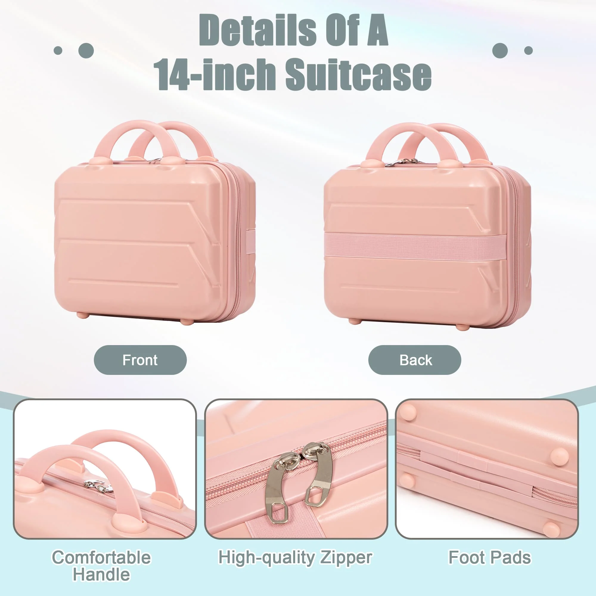 14"/20" 2 pcs/set in ABS Spinner Wheel Luggage, with Combination Lock,14" Cosmetic Case (Pink) - Image 5