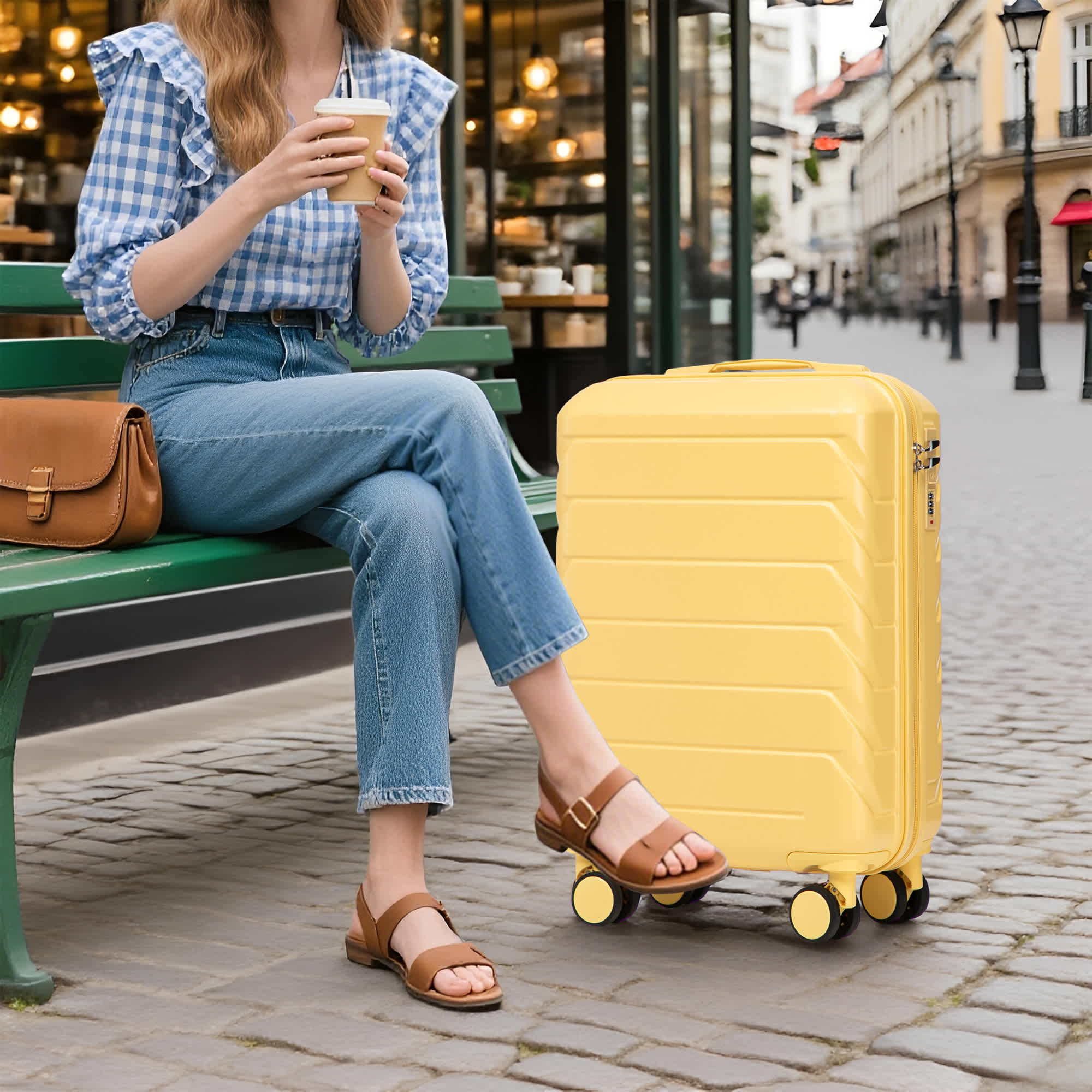 14"/20" 2 pcs/set in ABS Spinner Wheel Luggage, with Combination Lock,14" Cosmetic Case (Yellow) - Image 4