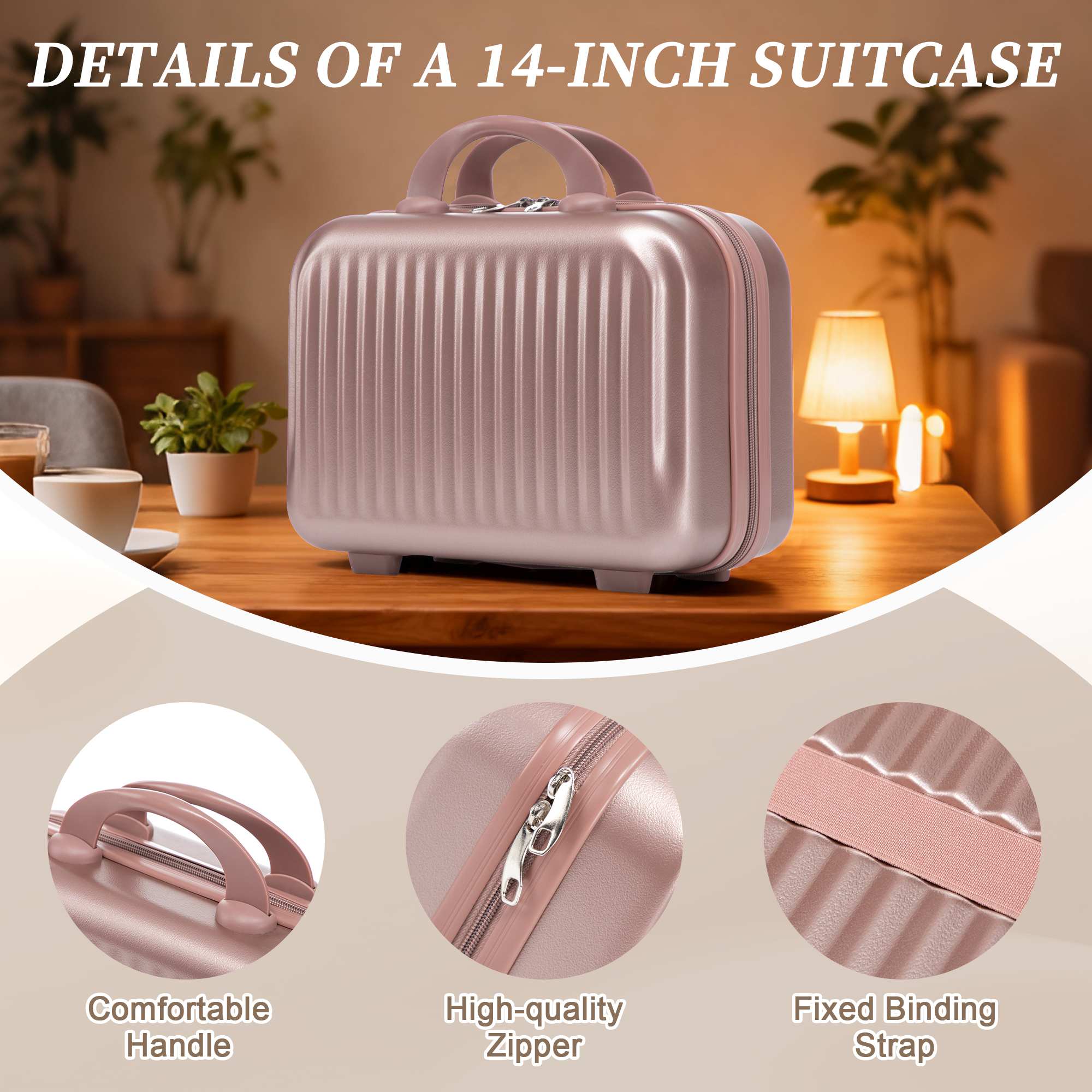 14"/20" 2 pcs/set in ABS Spinner Wheel Luggage, with Combination Lock and Front Opening Design, 14" Cosmetic Case (Champagne) - Image 8