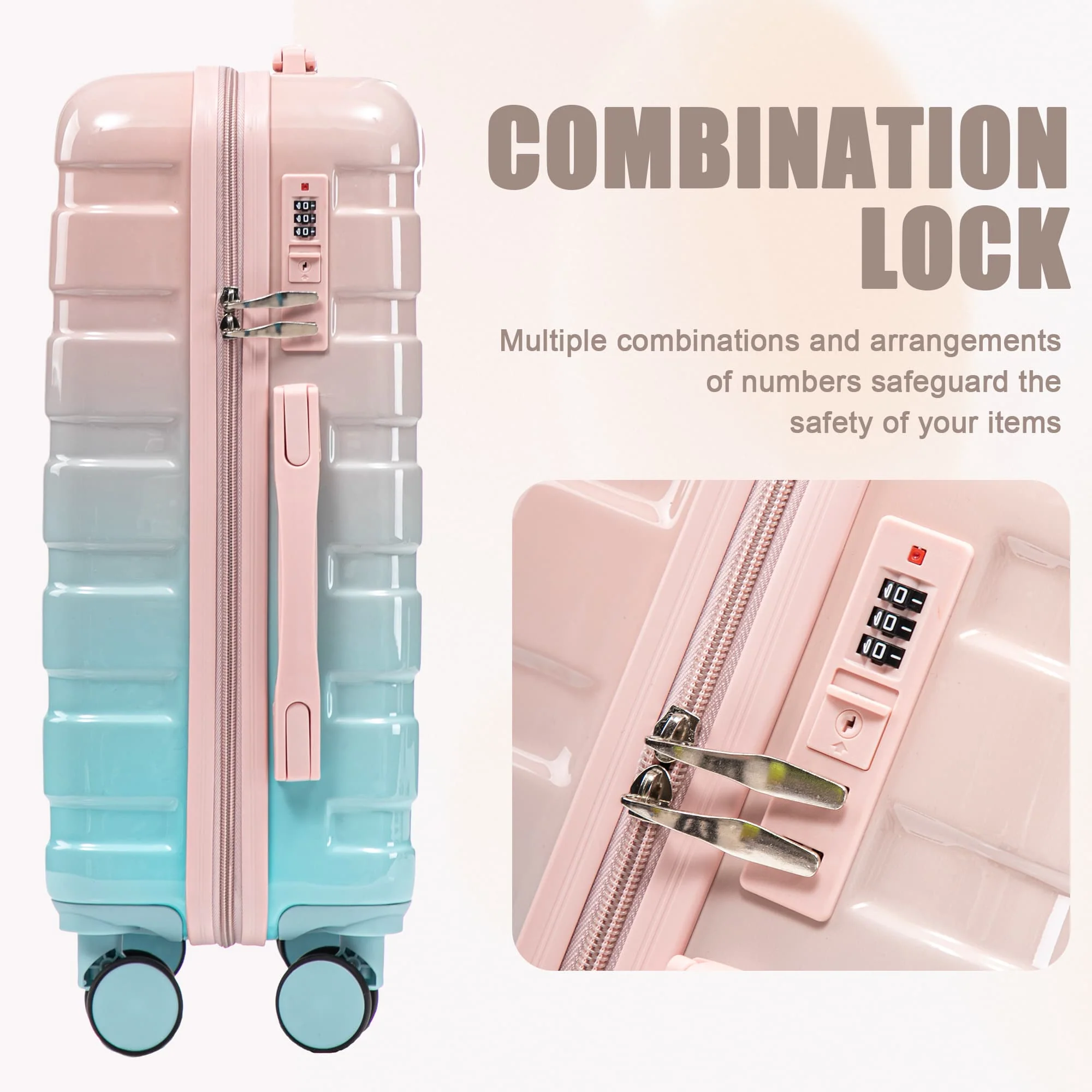 14"/20" 2 pcs/set in PC Spinner Wheel Luggage, Carry on Suitcase, With Gradient Color and Combination Lock(Blue+Pink) - Image 4