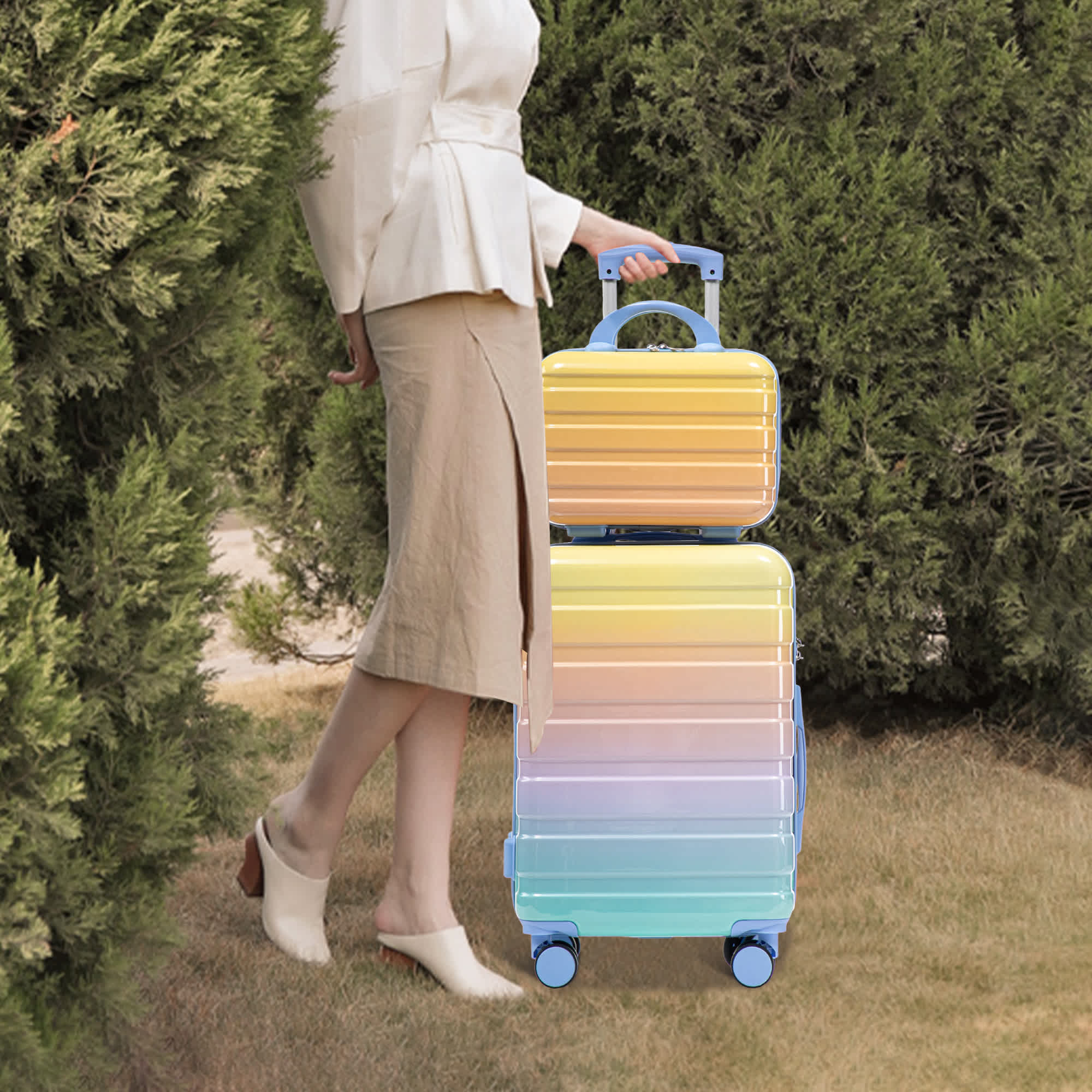 14"/20" 2 pcs/set in PC Spinner Wheel Luggage, Carry on Suitcase, With Gradient Color and Combination Lock(Blue+Yellow) - Image 2