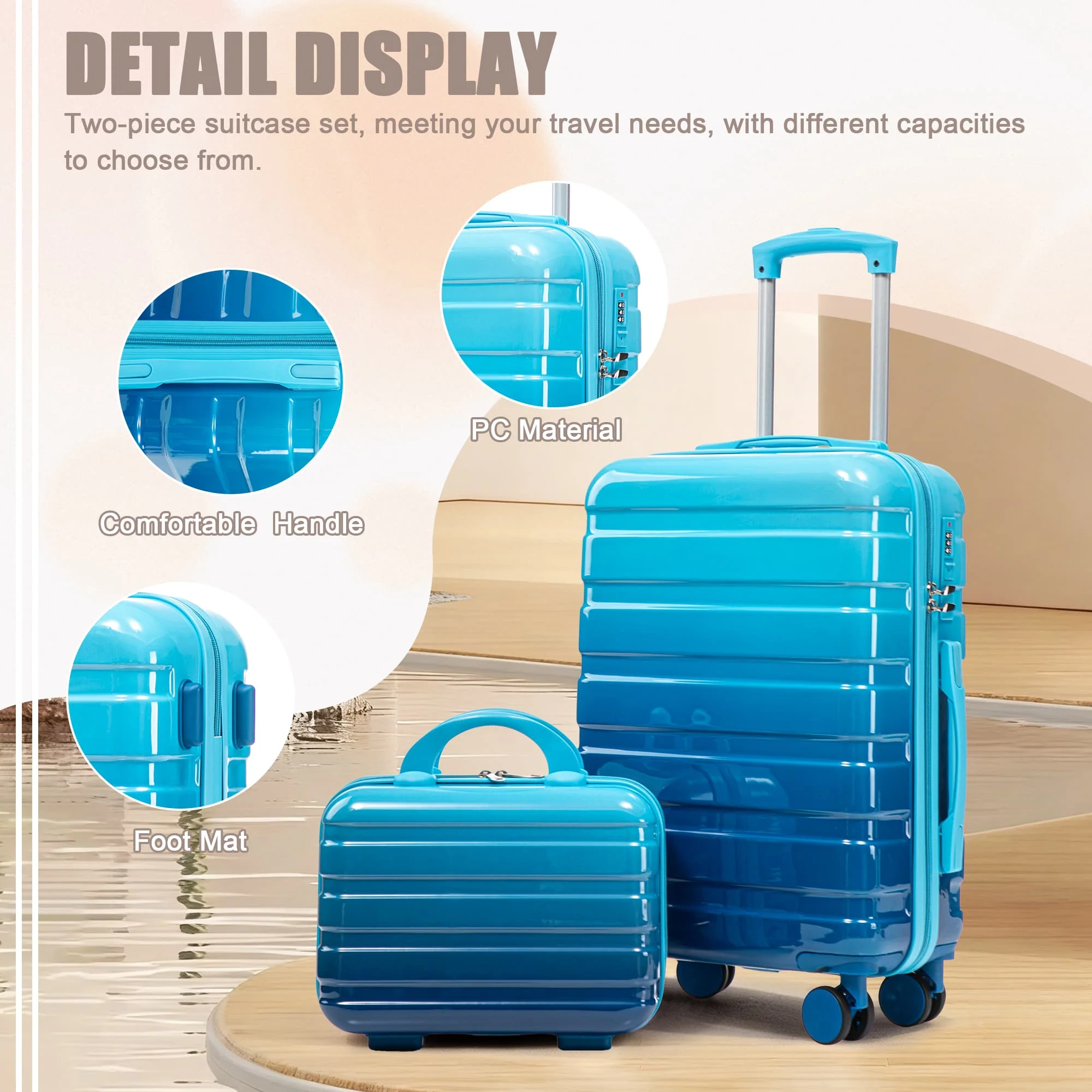 14"/20" 2 pcs/set in PC Spinner Wheel Luggage, Carry on Suitcase, With Gradient Color and Combination Lock(Navy+Light Blue) - Image 3