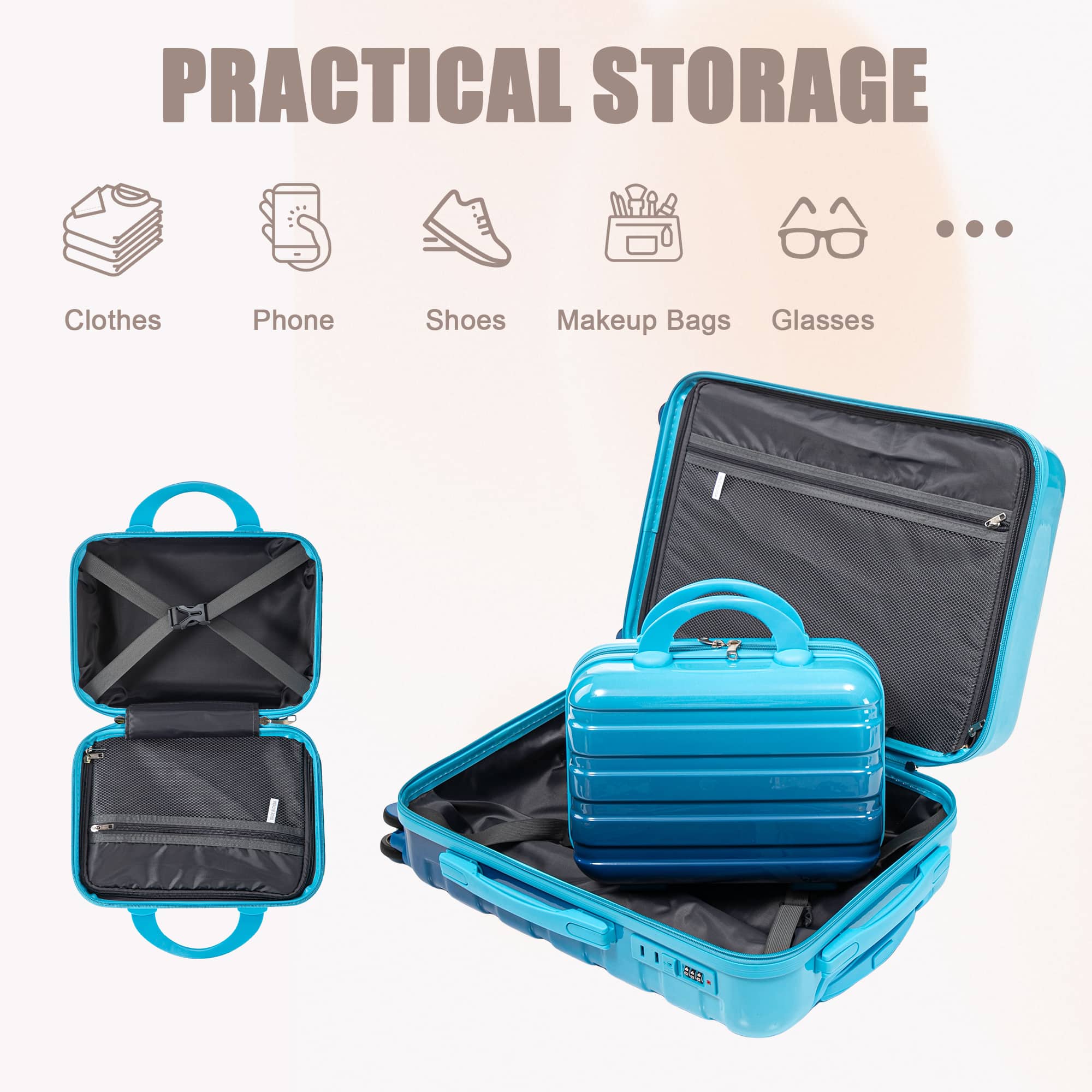 14"/20" 2 pcs/set in PC Spinner Wheel Luggage, Carry on Suitcase, With Gradient Color and Combination Lock(Navy+Light Blue) - Image 7