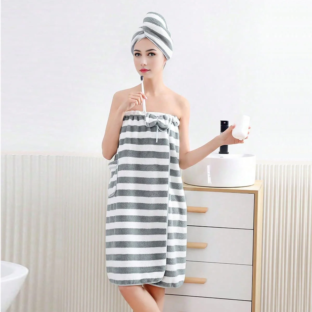 2 pcs Women's Striped Wearable Bath Towel Wrap with Matching Hair Towel – Soft Absorbent Shower Towel Set - Image 4