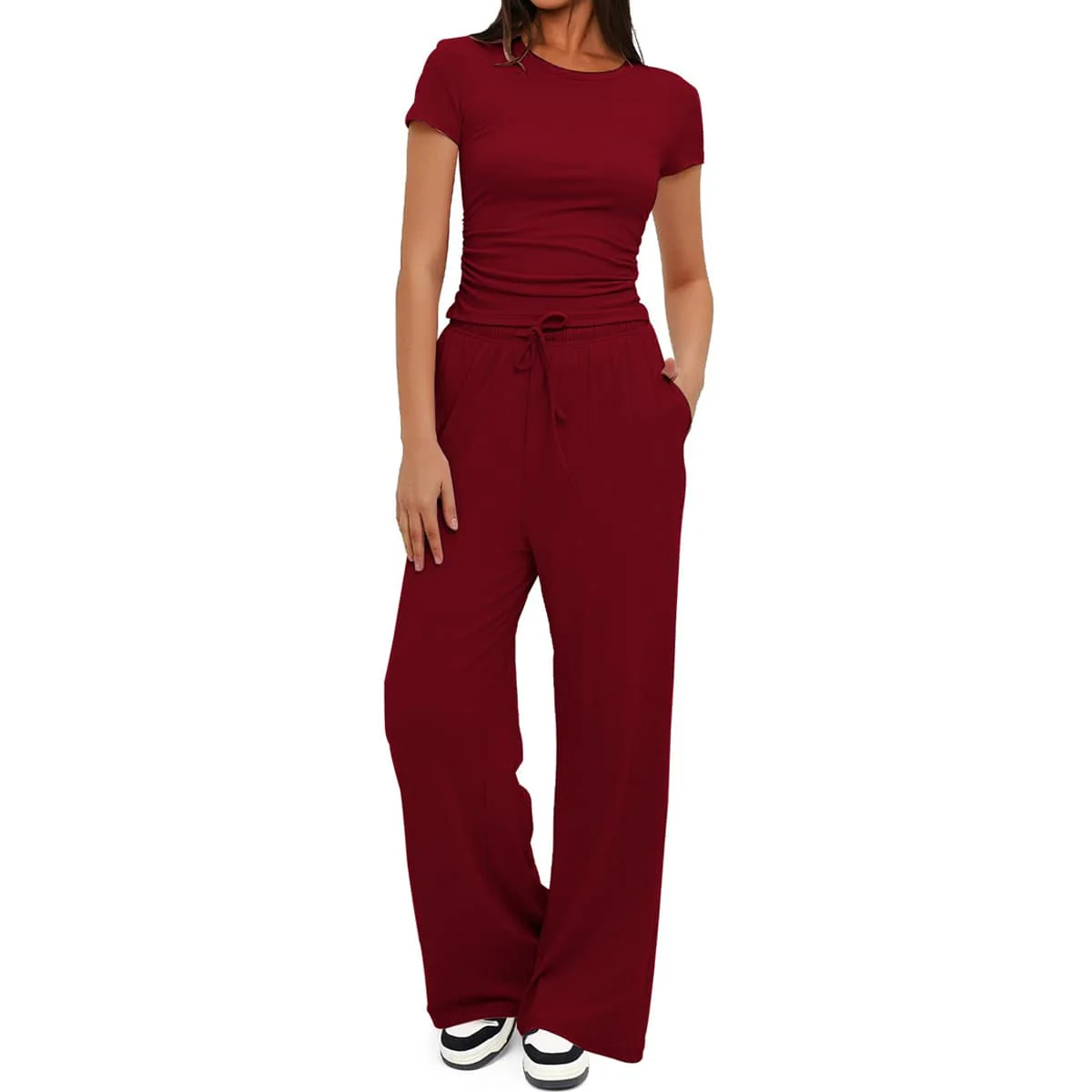 2 Piece Ruched Short Sleeve Wide Leg Pants Set - Image 25