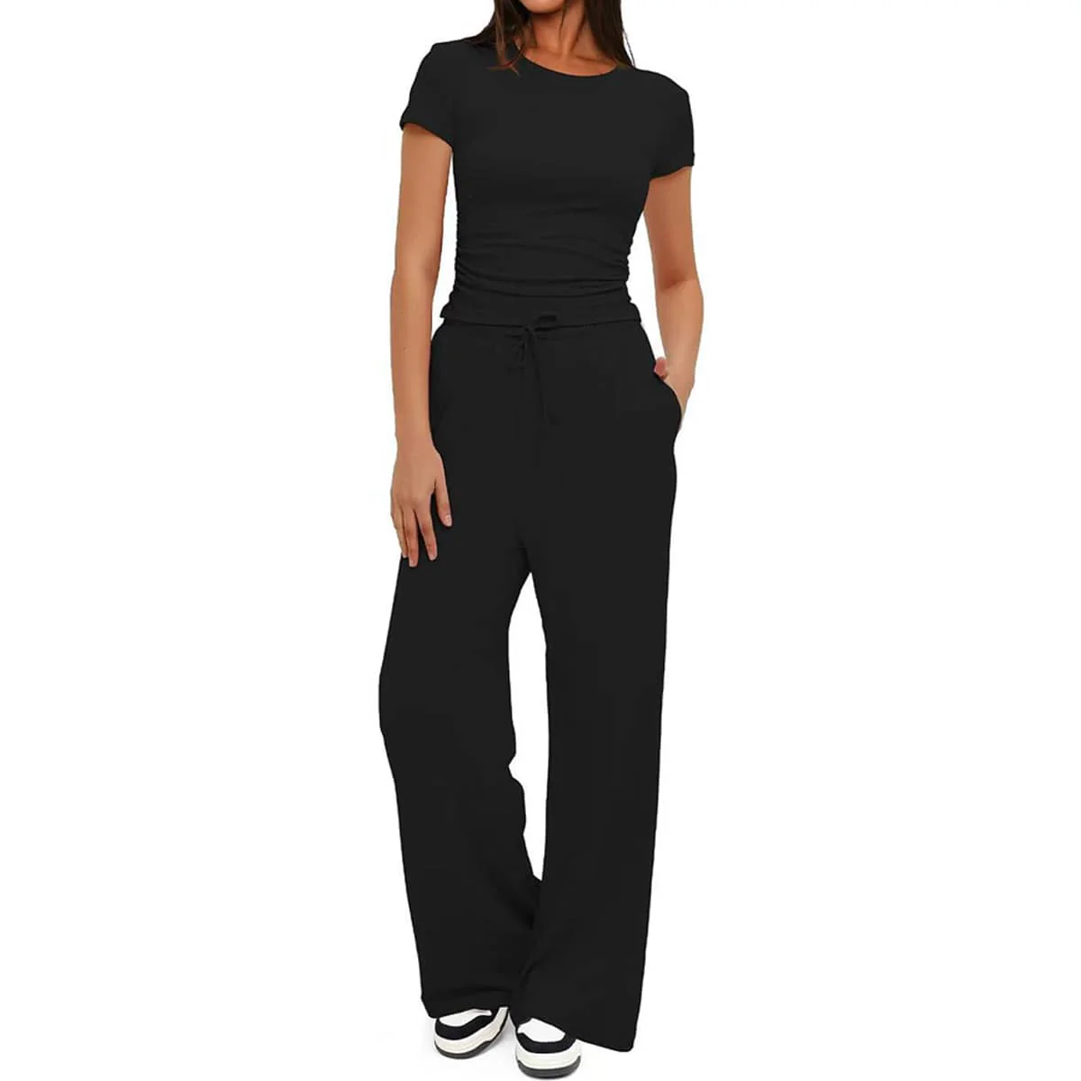 2 Piece Ruched Short Sleeve Wide Leg Pants Set - Image 48