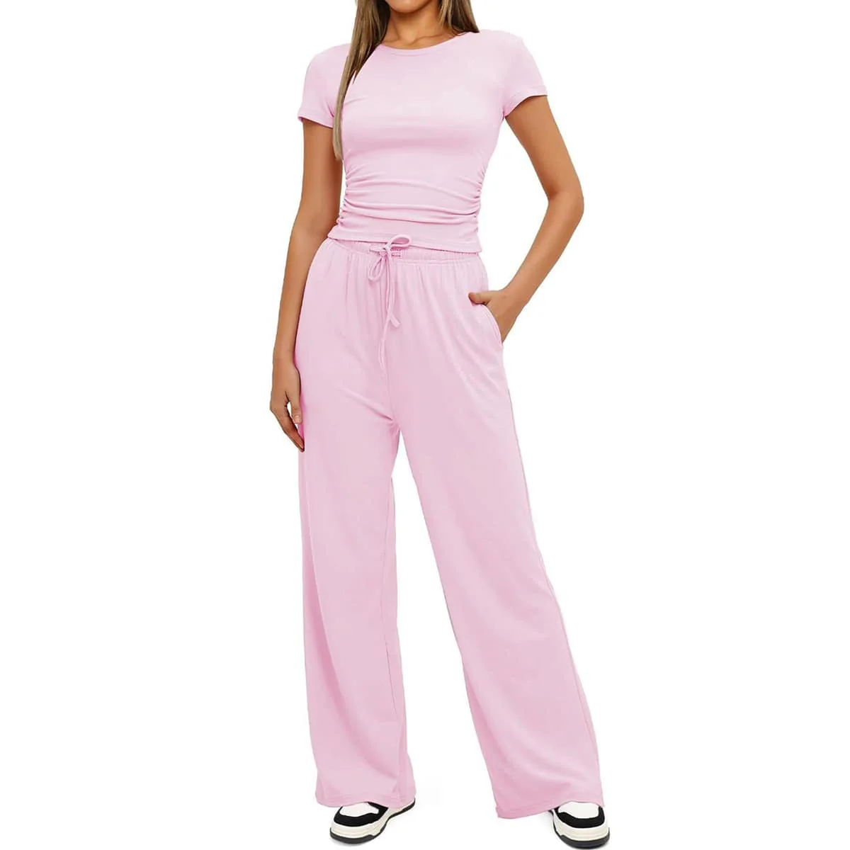2 Piece Ruched Short Sleeve Wide Leg Pants Set - Image 8