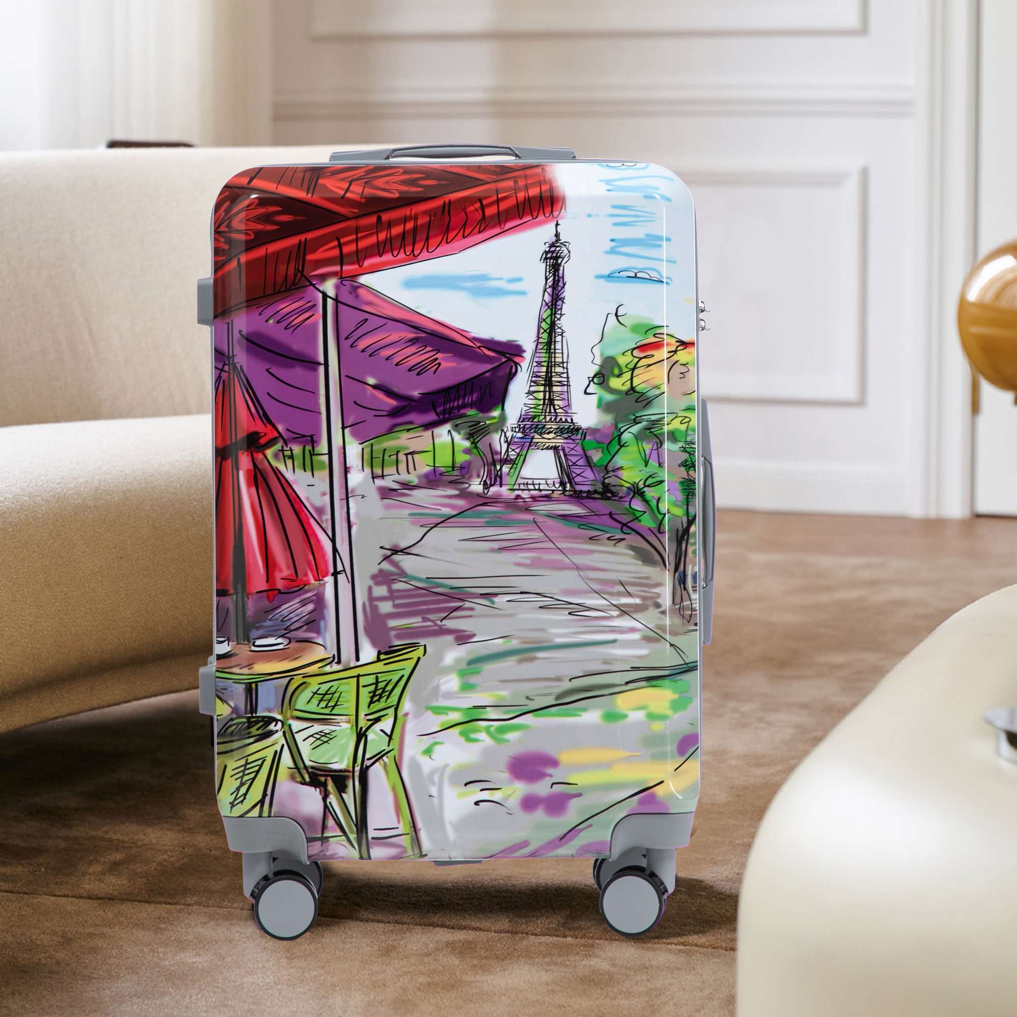 20"/24"/28" 3 pcs/set in PC Spinner Wheel Luggage, Carry on Suitcase, With Printed pattern and Combination Lock (Coffee+Iron Tower) - Image 8