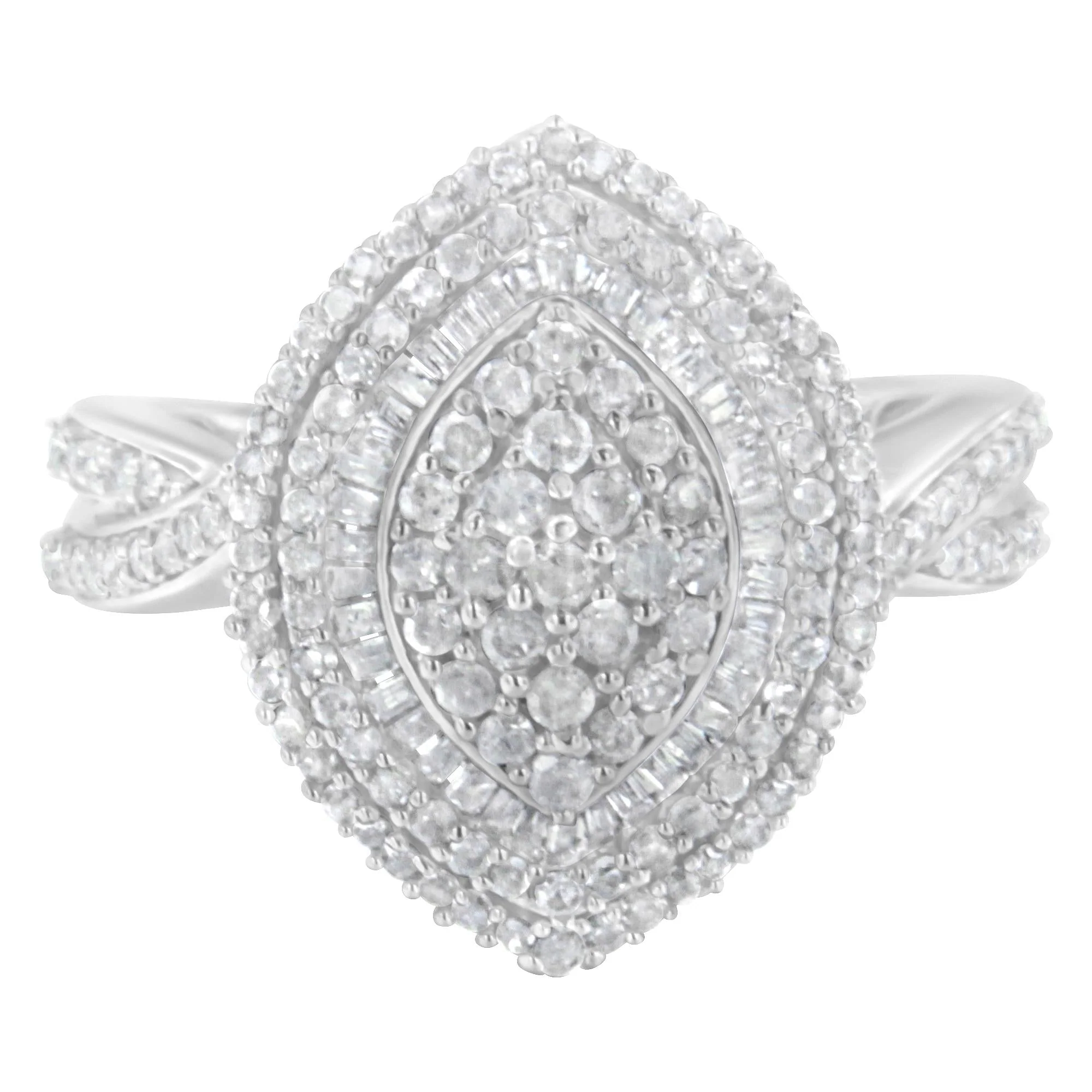 .925 Sterling Silver 1.0 Cttw Round & Baguette-Cut Diamond Marquise-Shaped Cluster Triple Stepped Halo Cocktail Fashion Ring (I-J Color, I2-I3 Clarity) - Image 5