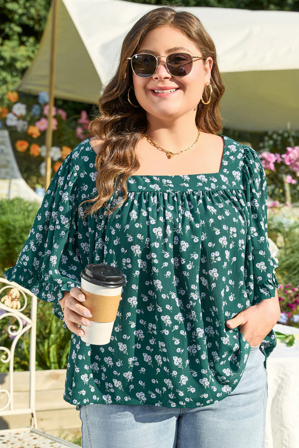 Threaded Pear Adelynn Square Ruffled Trim PLUS Blouse - Image 3