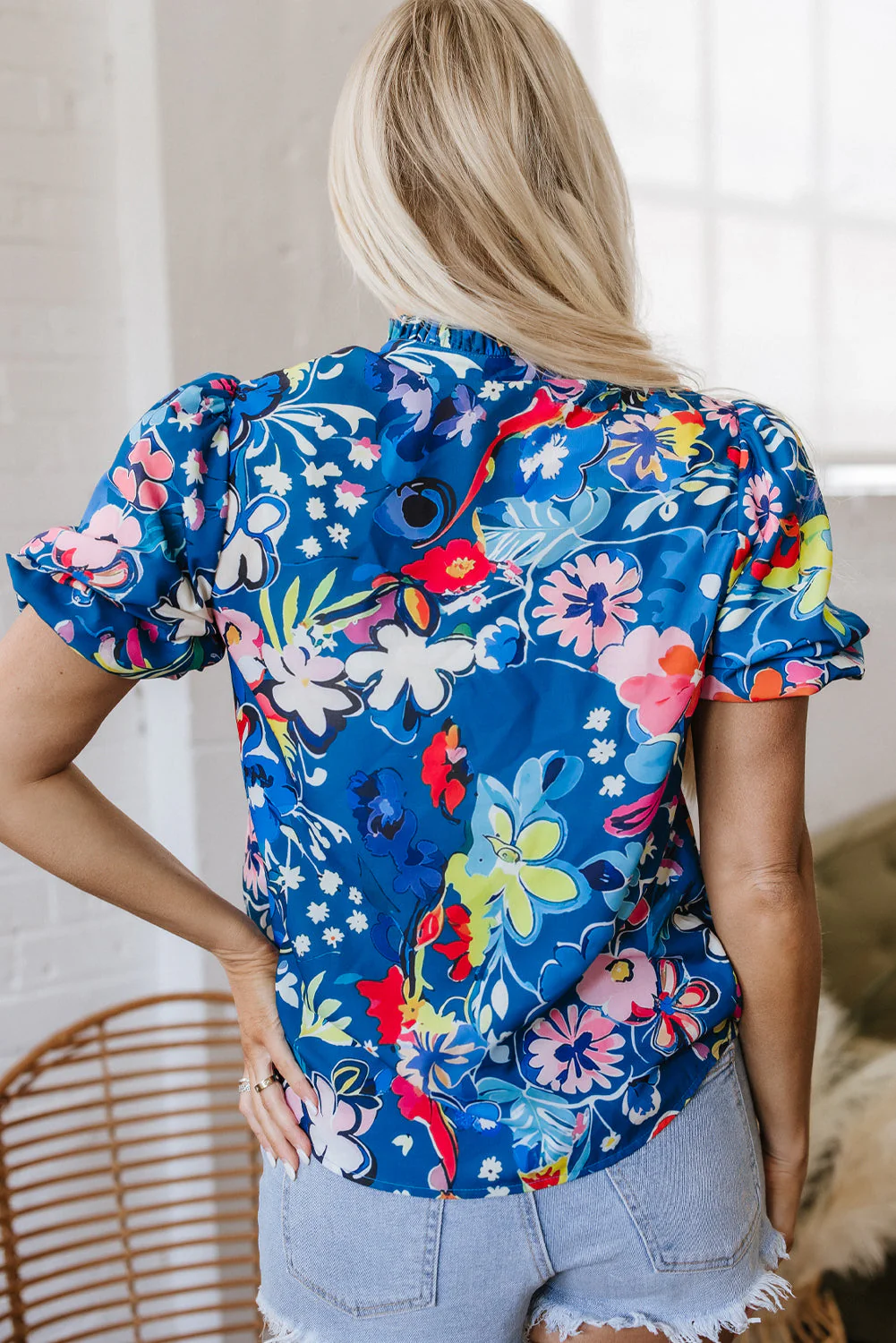 Threaded Pear Ainara Flower Puff Short Sleeve Loose Blouse - Image 2