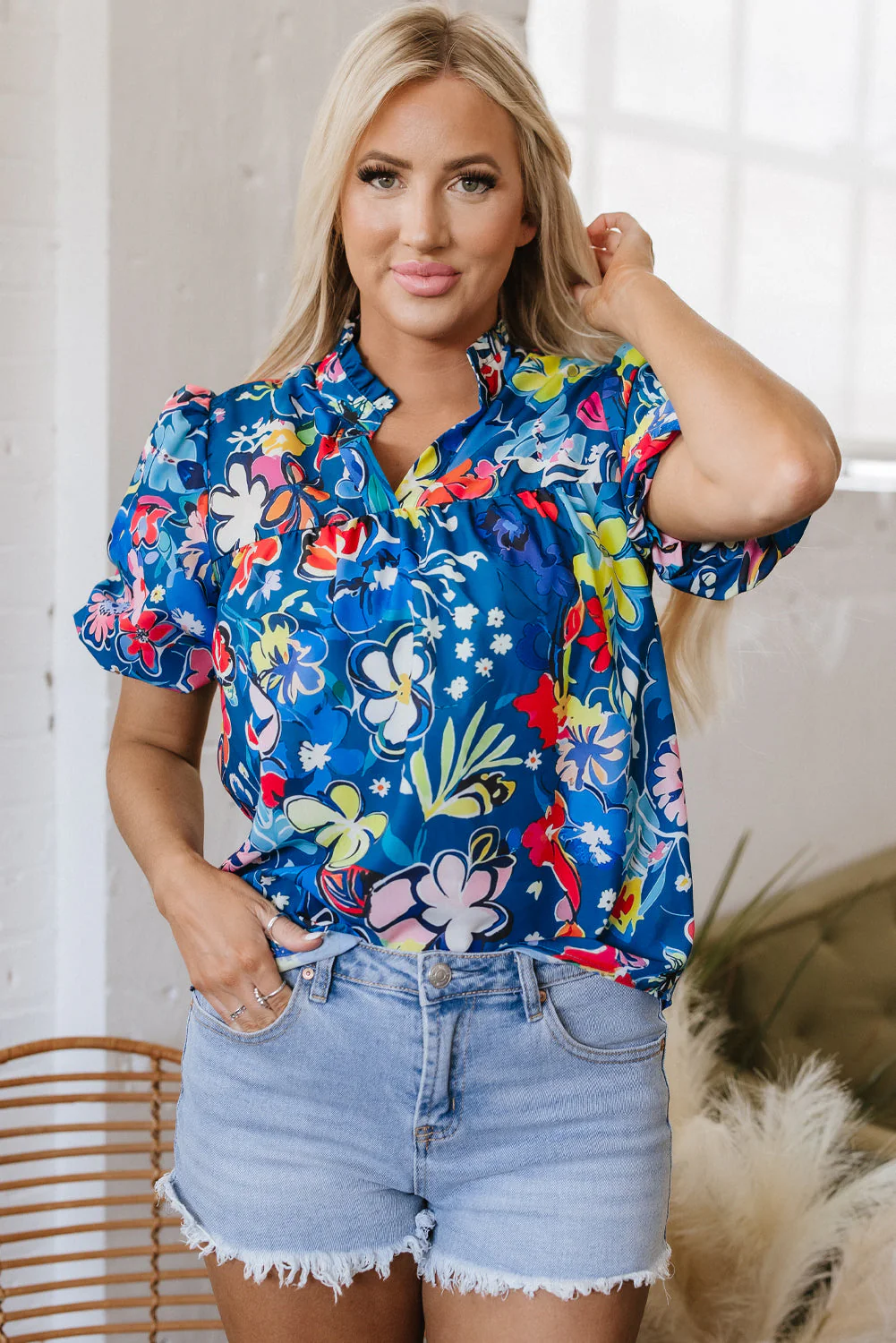 Threaded Pear Ainara Flower Puff Short Sleeve Loose Blouse - Image 3