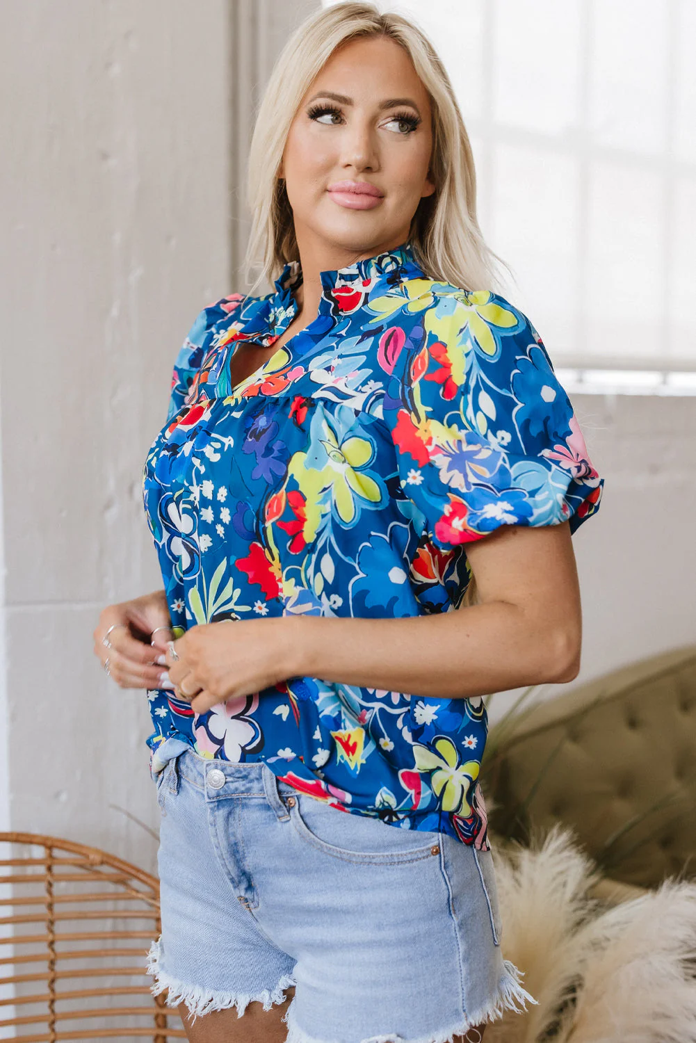 Threaded Pear Ainara Flower Puff Short Sleeve Loose Blouse - Image 4