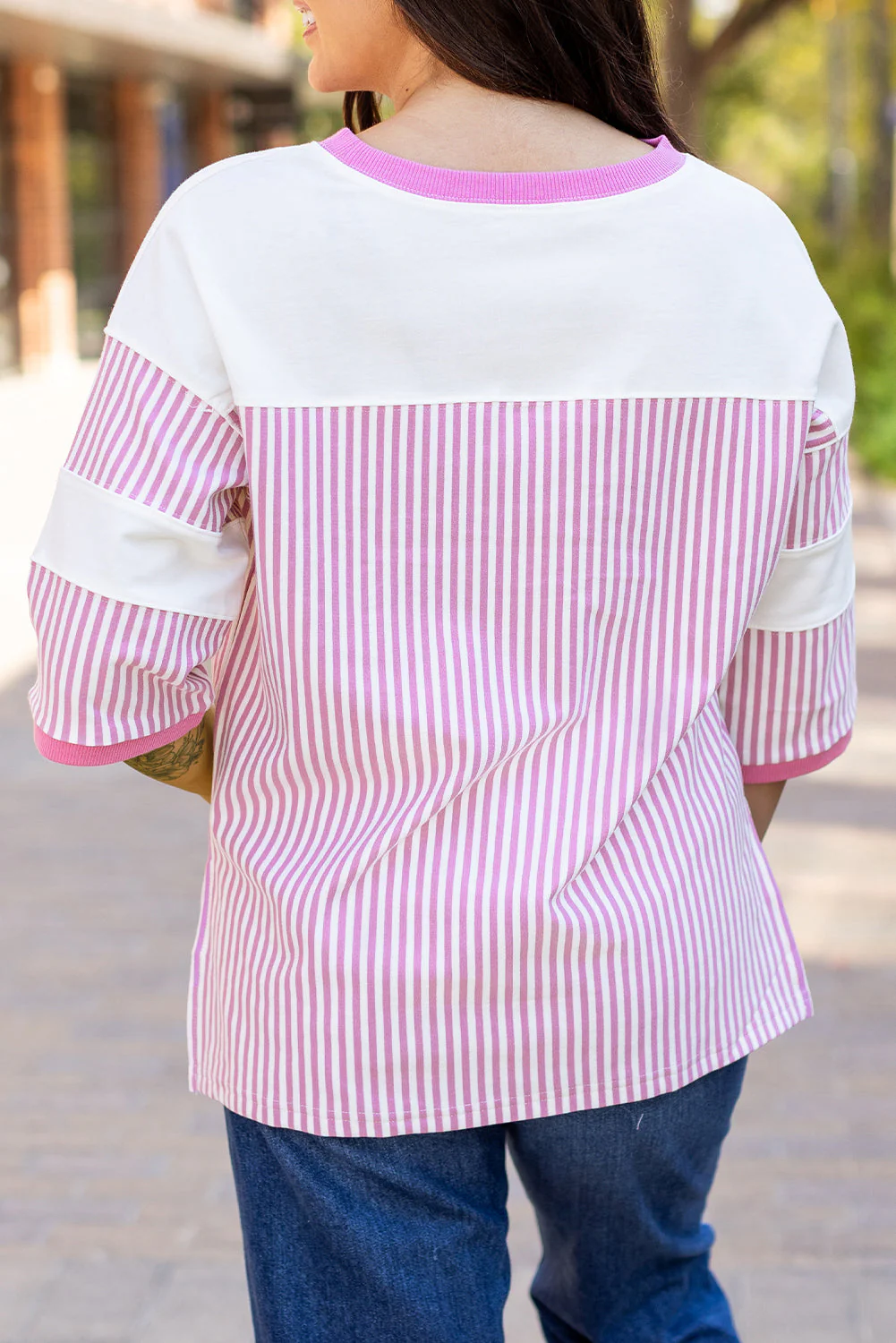 Threaded Pear Aliyah Striped Patchwork 3/4 Sleeve Casual Top - Image 2