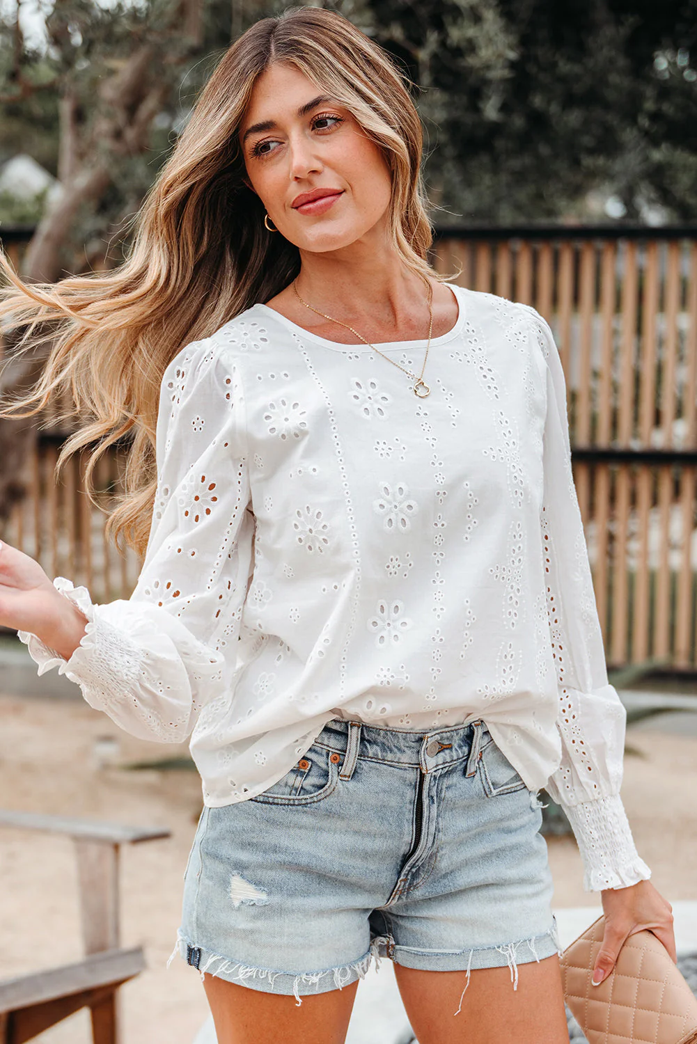 Threaded Pear Allison Eyelet Embroidered Smocked Cuff Sheer Blouse - Image 4