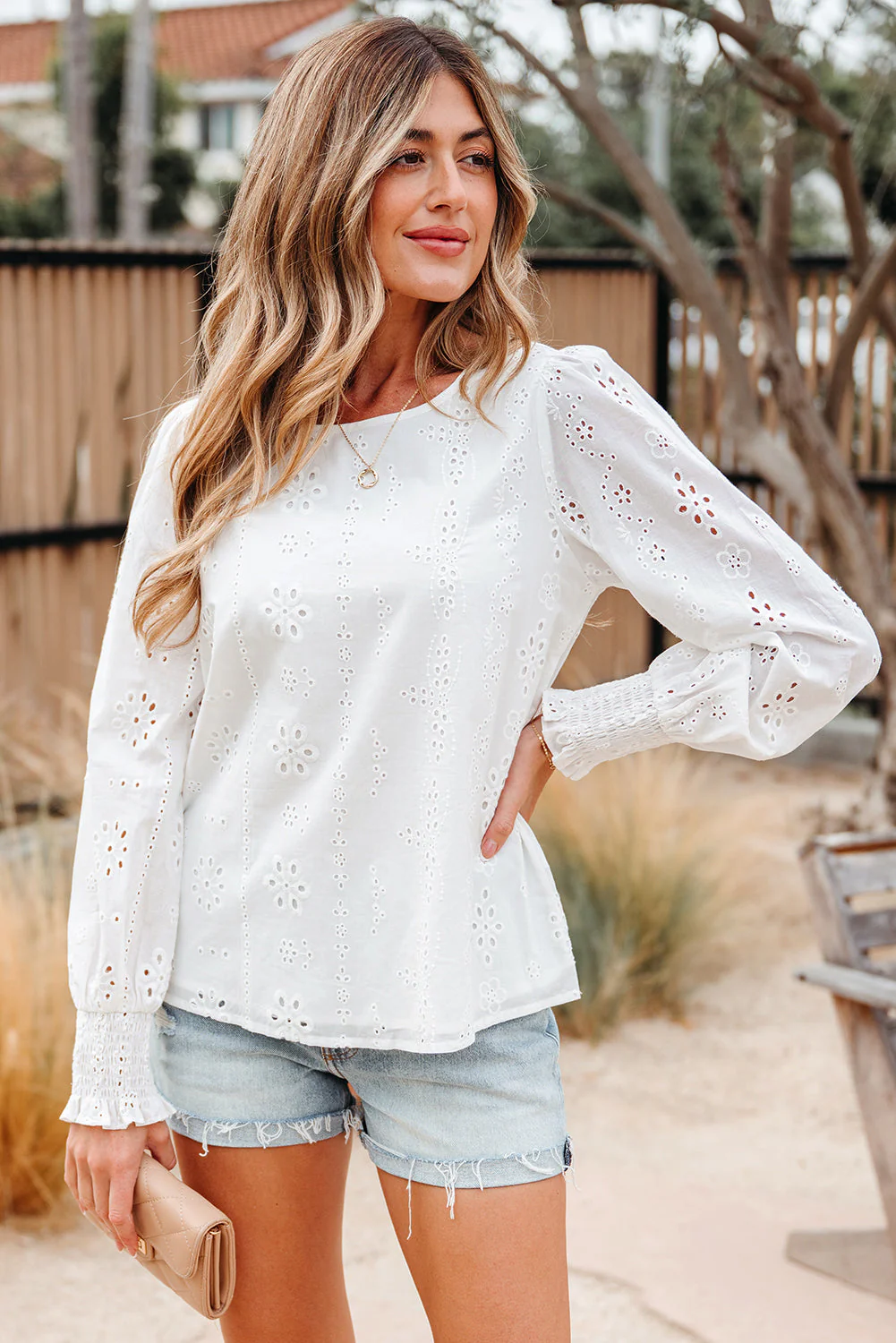 Threaded Pear Allison Eyelet Embroidered Smocked Cuff Sheer Blouse - Image 5