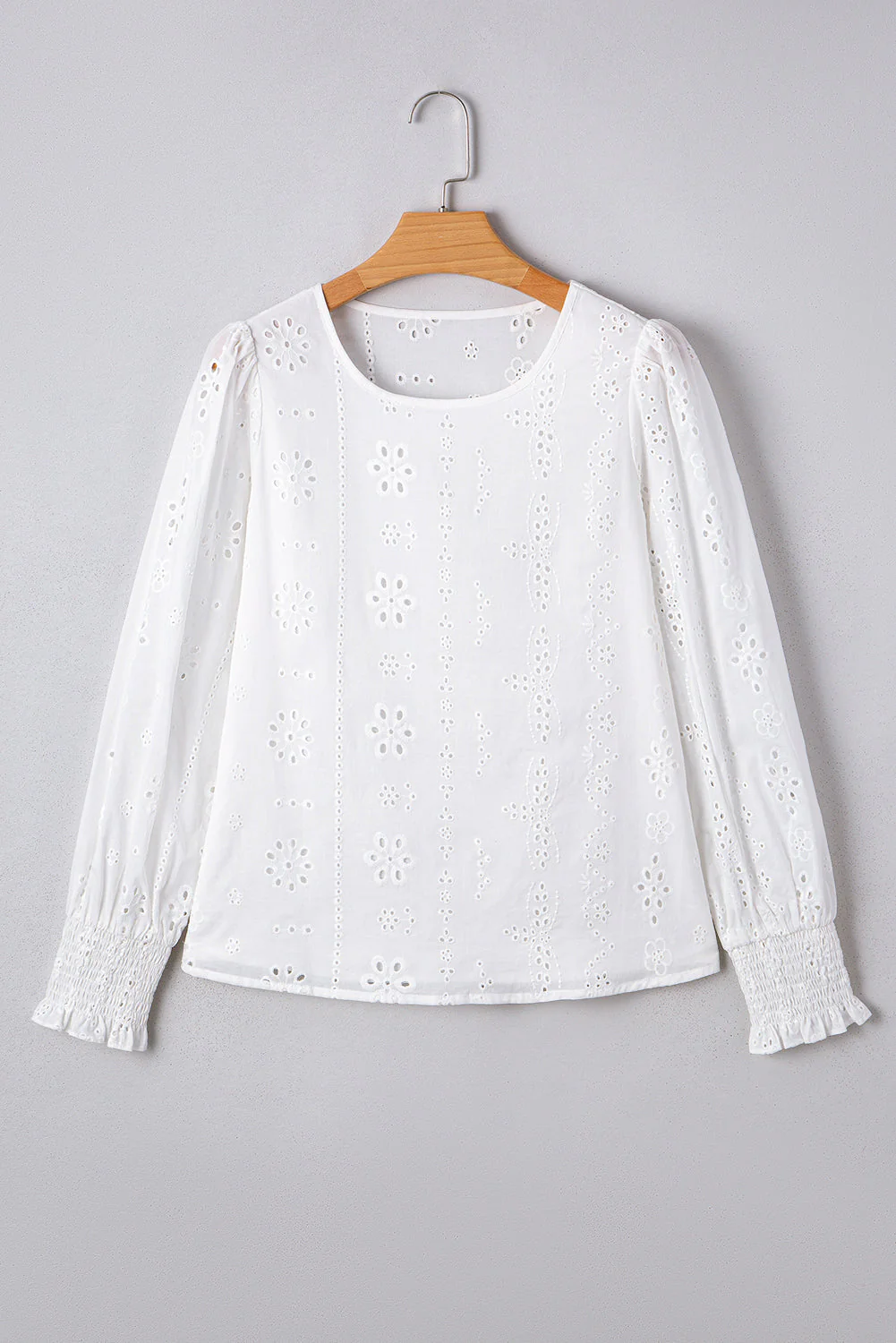 Threaded Pear Allison Eyelet Embroidered Smocked Cuff Sheer Blouse - Image 7