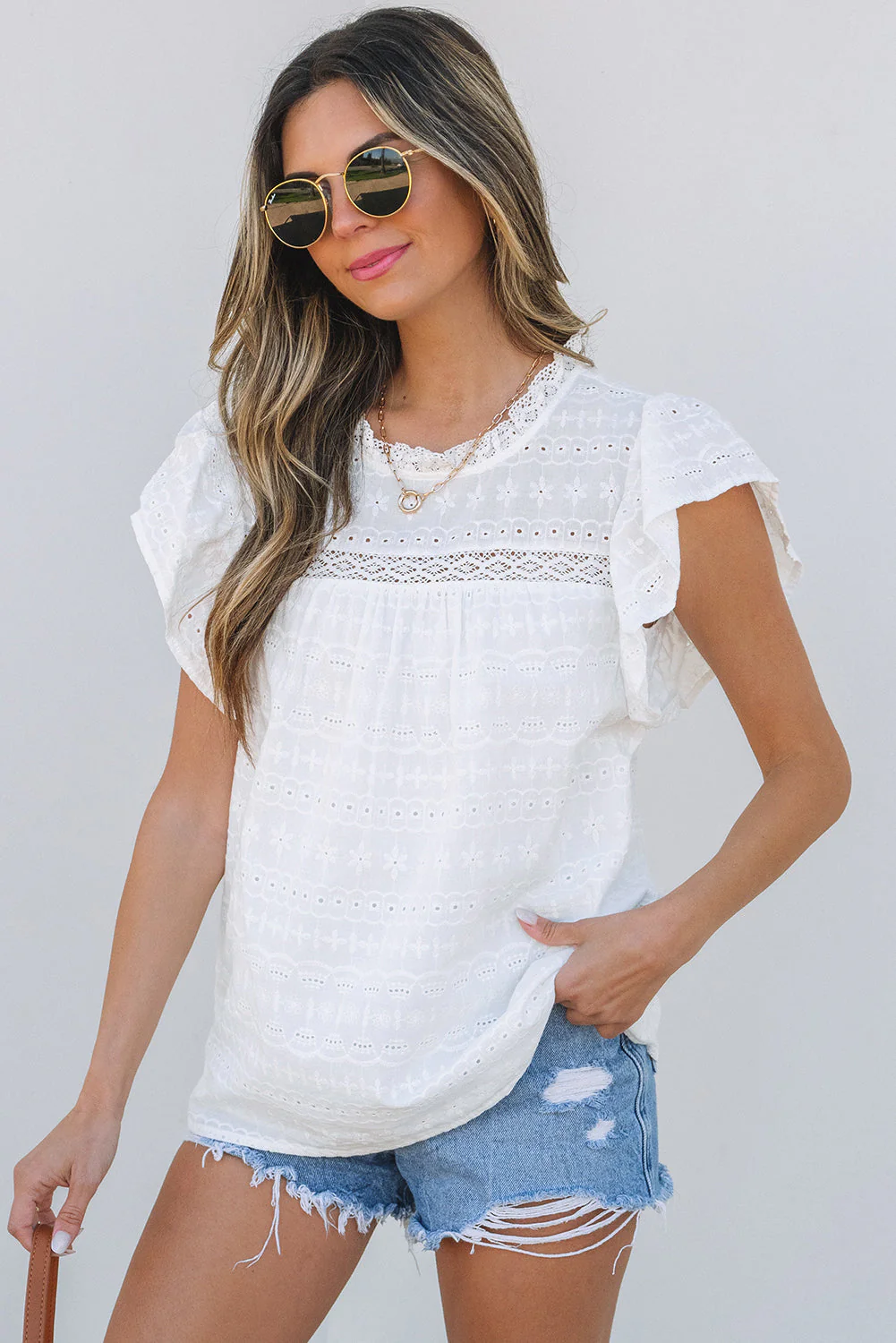 Threaded Pear Alondra Lace Flutter Sleeve Eyelets Blouse - Image 3