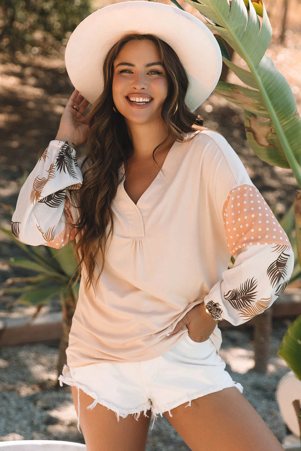 Threaded Pear Alora Palm Leaves Polka Dot Loose Blouse - Image 4