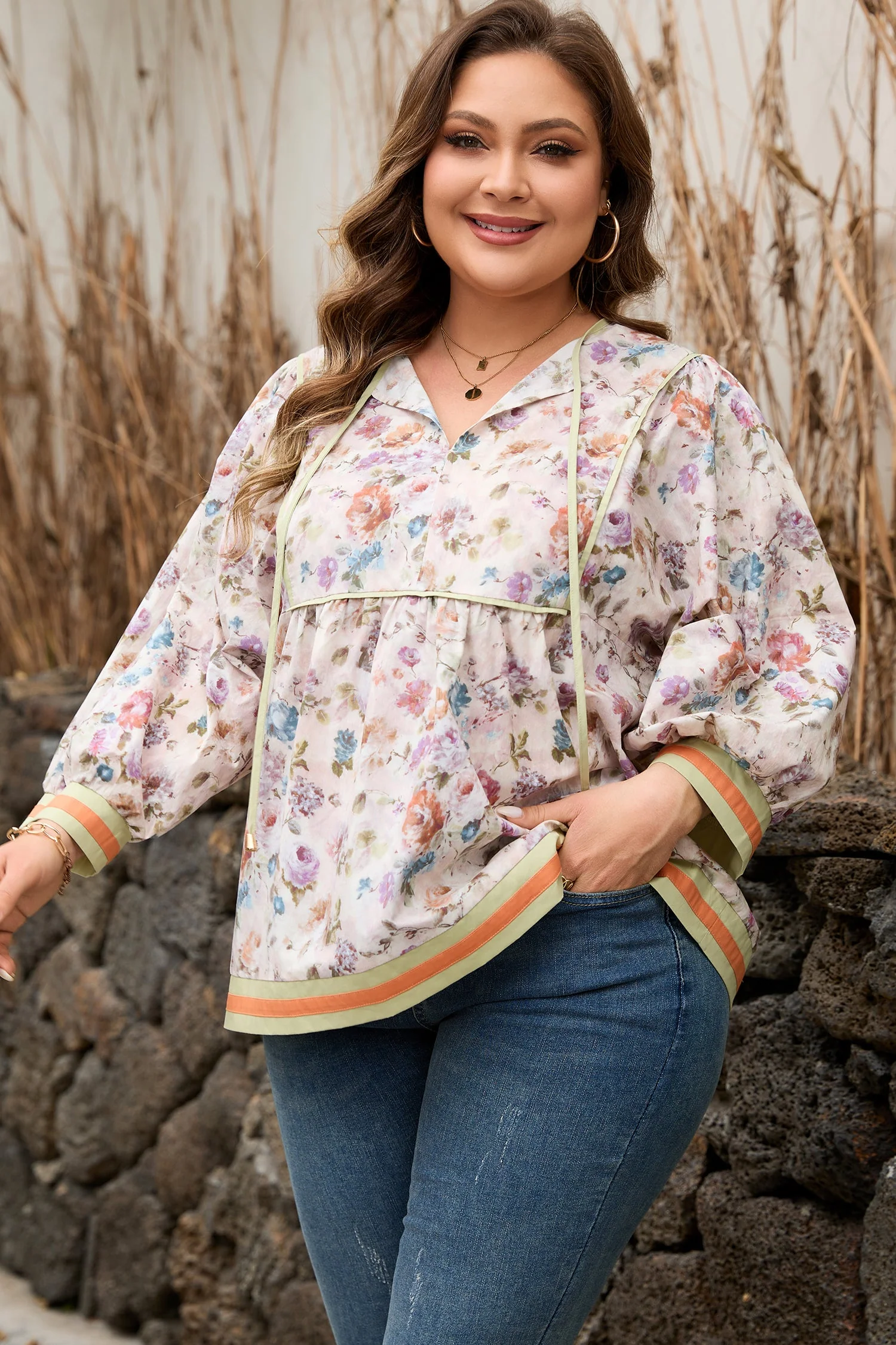 Threaded Pear Andi Striped Detail Babydoll PLUS Blouse - Image 3