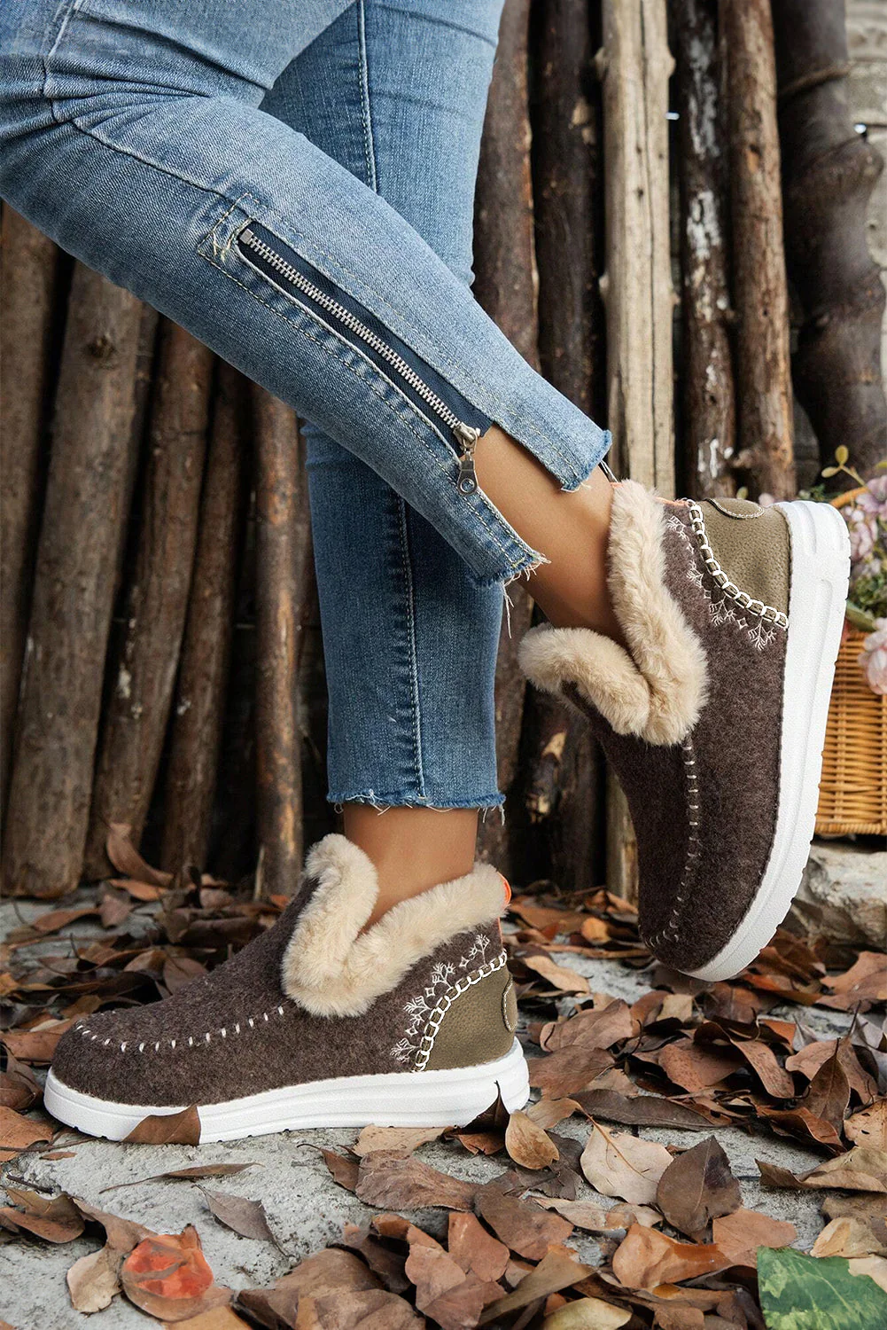 Threaded Pear Anna Suede Stitching Plush Lined Anklet Boots - Image 3