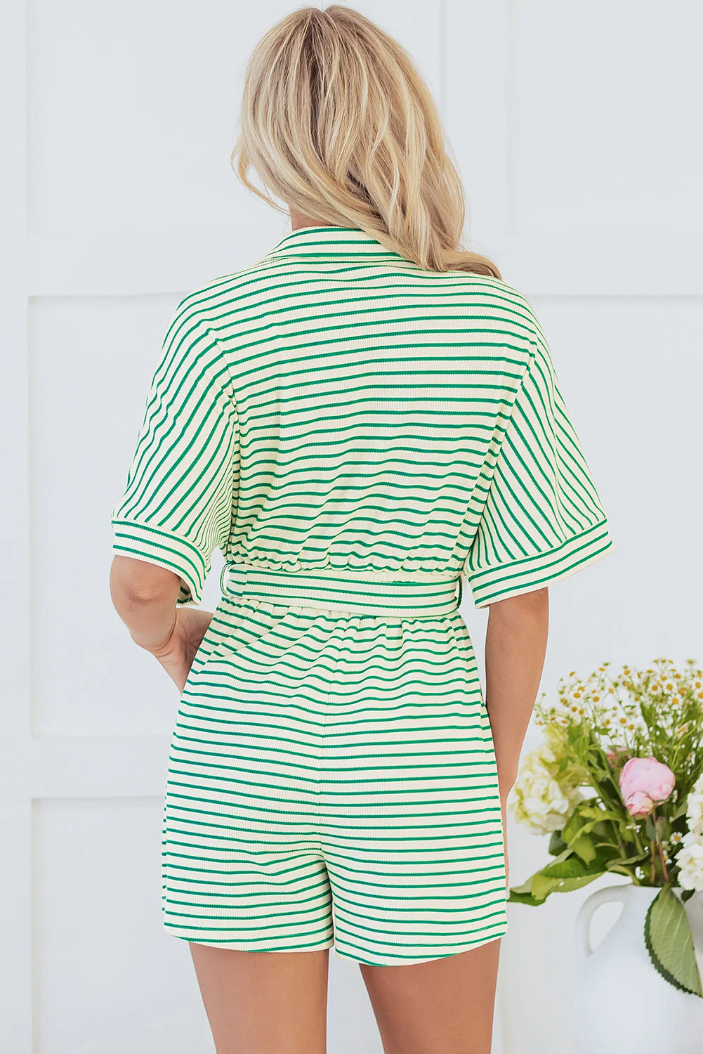 Threaded Pear Annabelle Stripe Buttoned & Tie Romper - Image 2