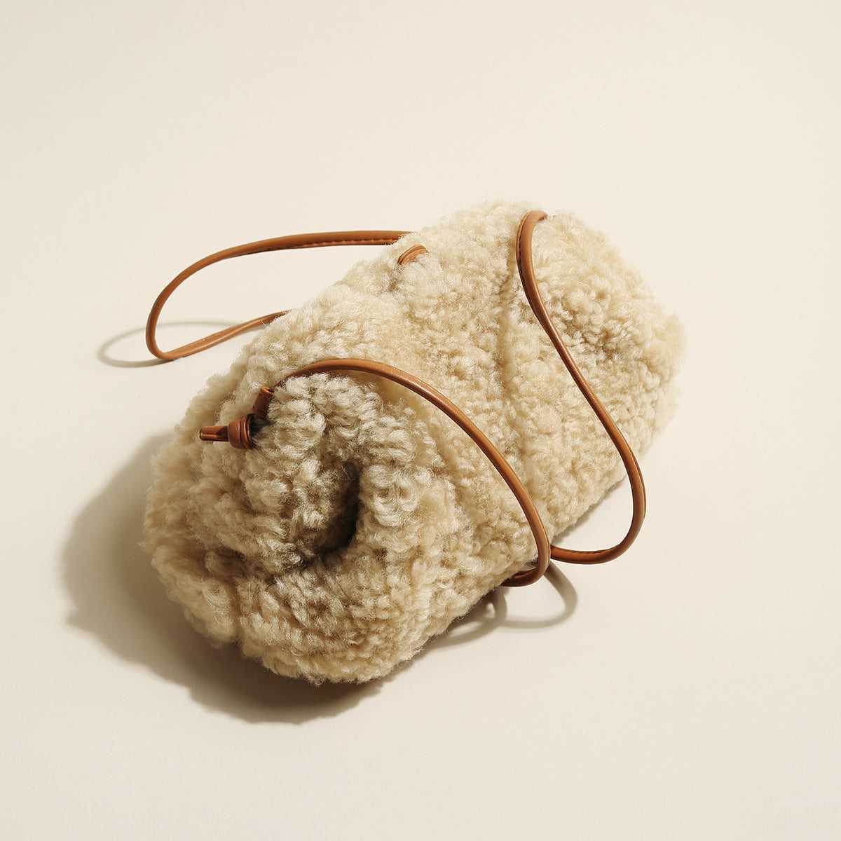 Apricot Beige Furry Double Thin Strap Shoulder Bag - Image 2