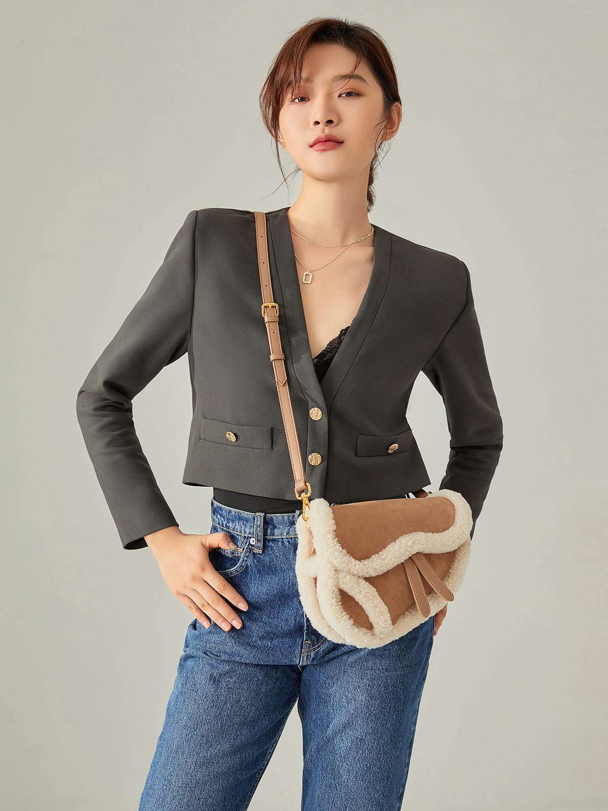 Apricot Beige Furry Saddle Shoulder Bag - Image 10