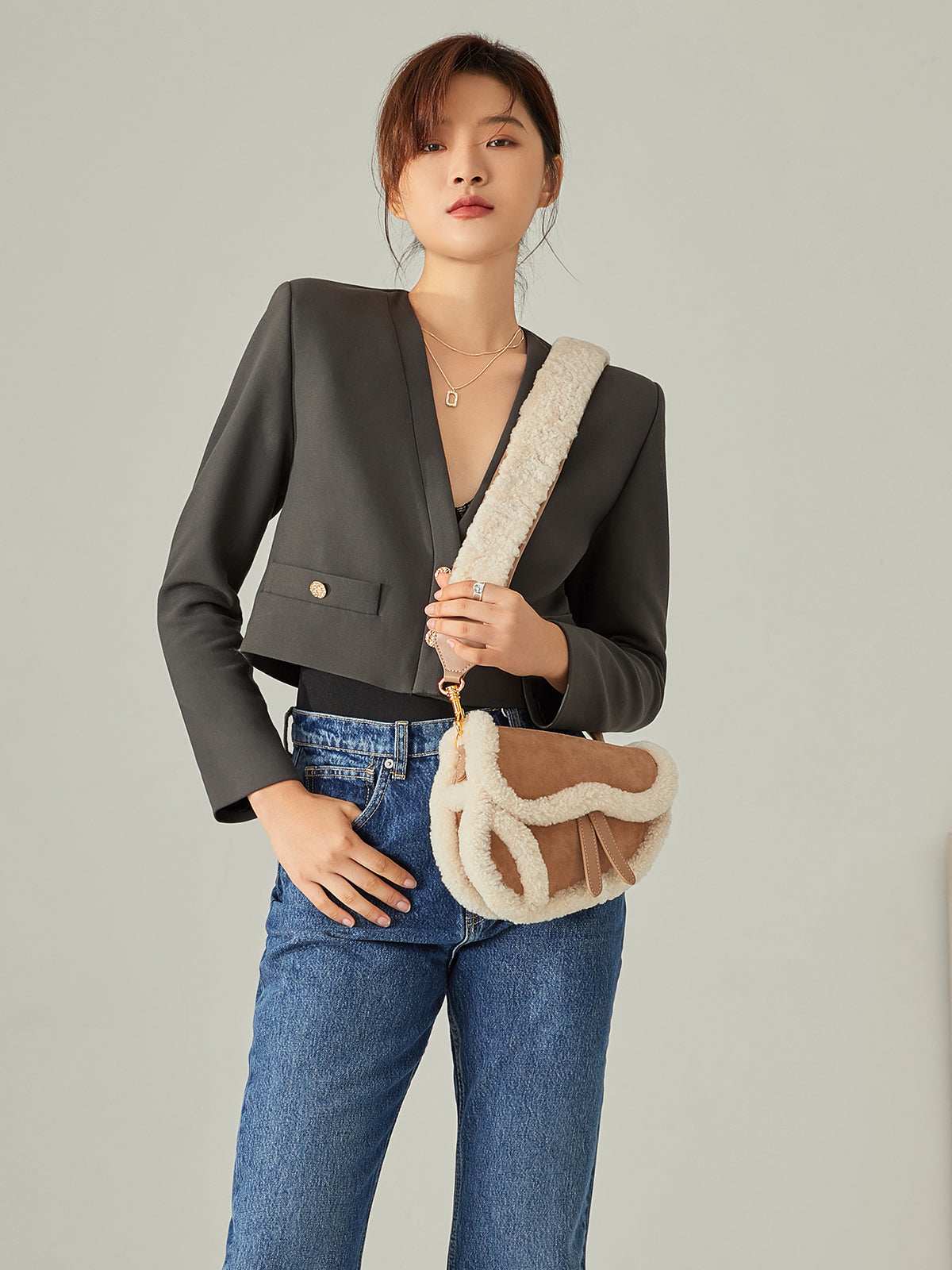 Apricot Beige Furry Saddle Shoulder Bag - Image 7