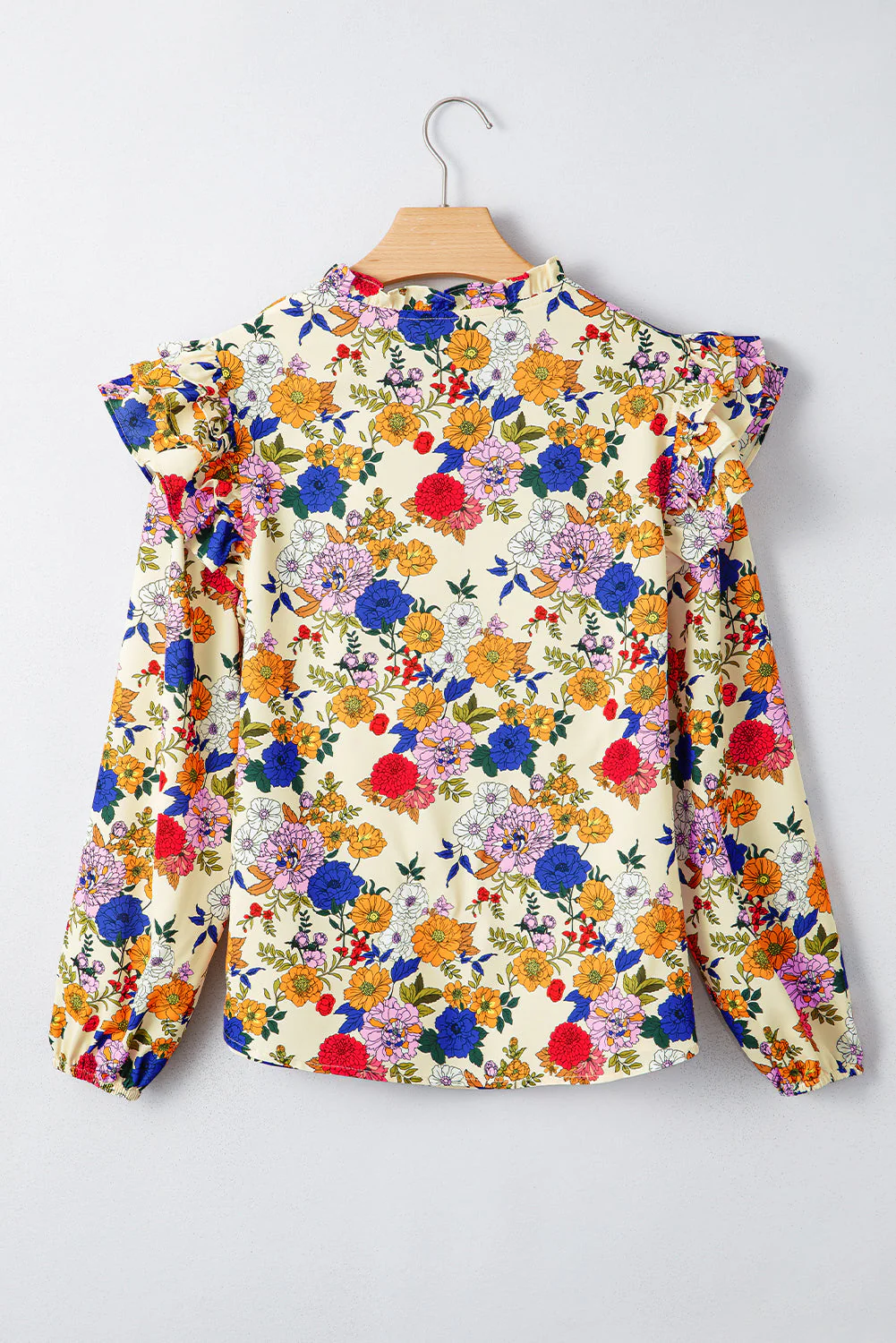 Threaded Pear Apricot Ruffled Shoulder Long Sleeve Floral Blouse - Image 10