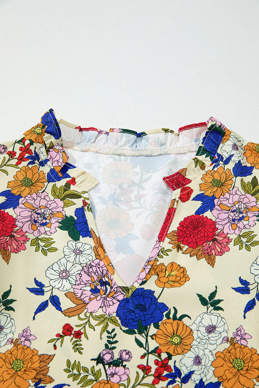 Threaded Pear Apricot Ruffled Shoulder Long Sleeve Floral Blouse - Image 14