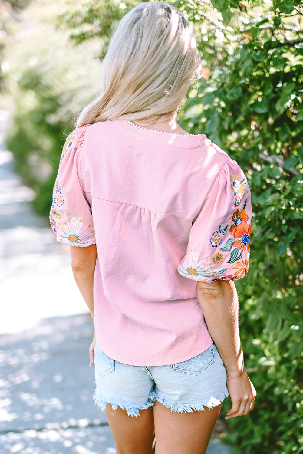 Threaded Pear Araceli Floral Embroidered Puff Sleeve Split Neck Blouse - Image 2