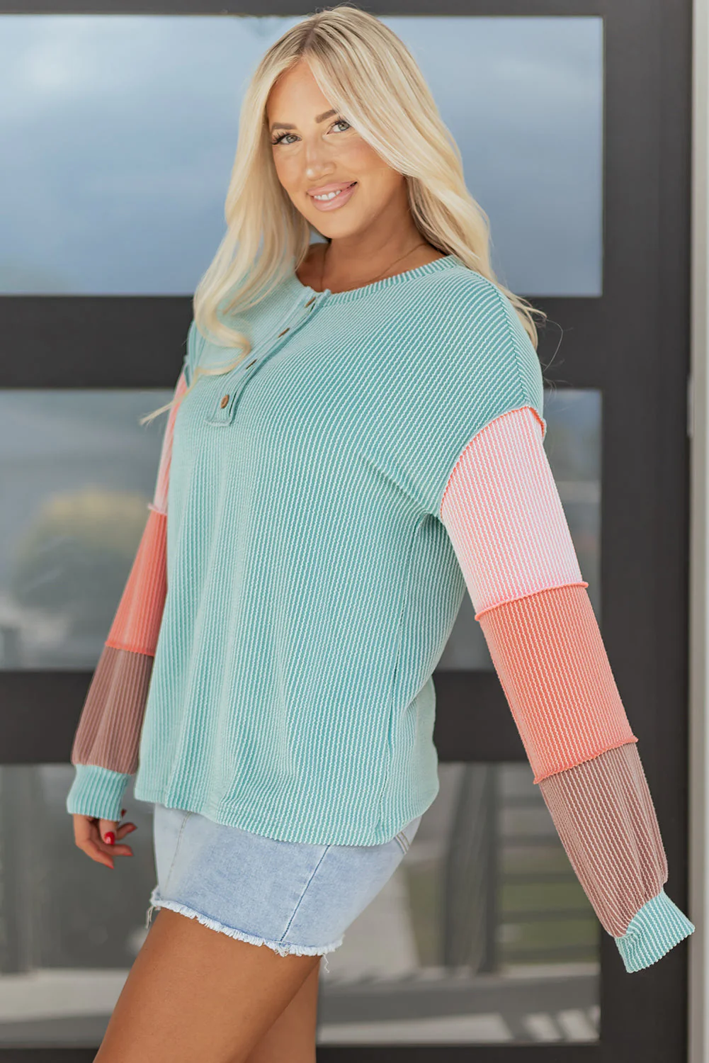 Threaded Pear Aria Knit Colorblock Henley Top - Image 3