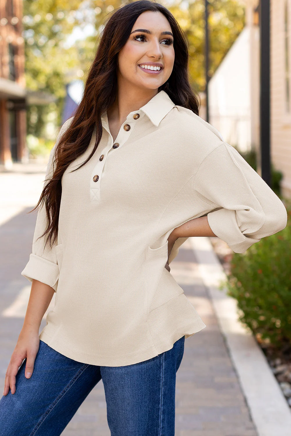 Threaded Pear Arianna Waffle Half Button Top. - Image 4