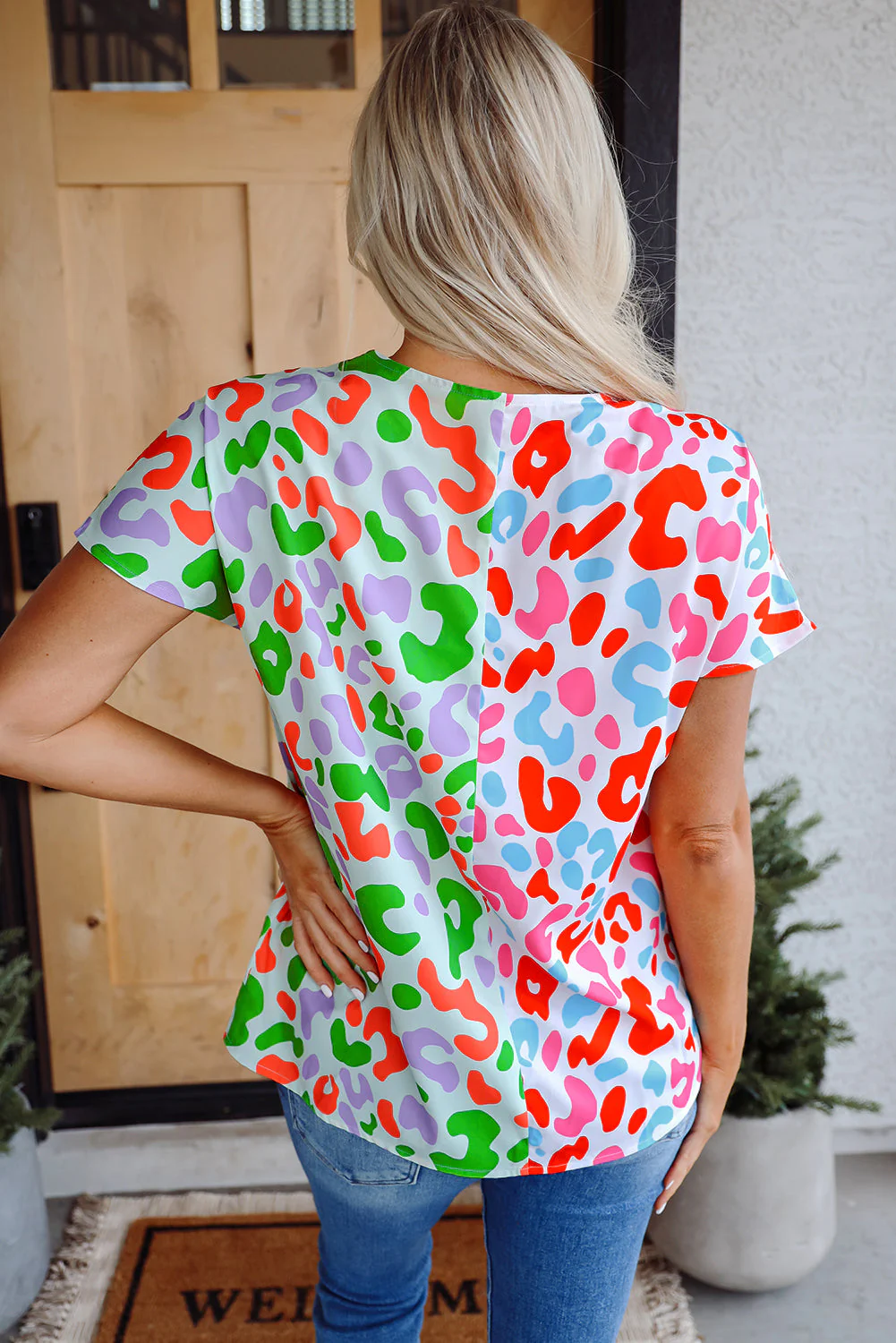 Threaded Pear Artemis Leopard V Neck Short Sleeve Blouse - Image 2