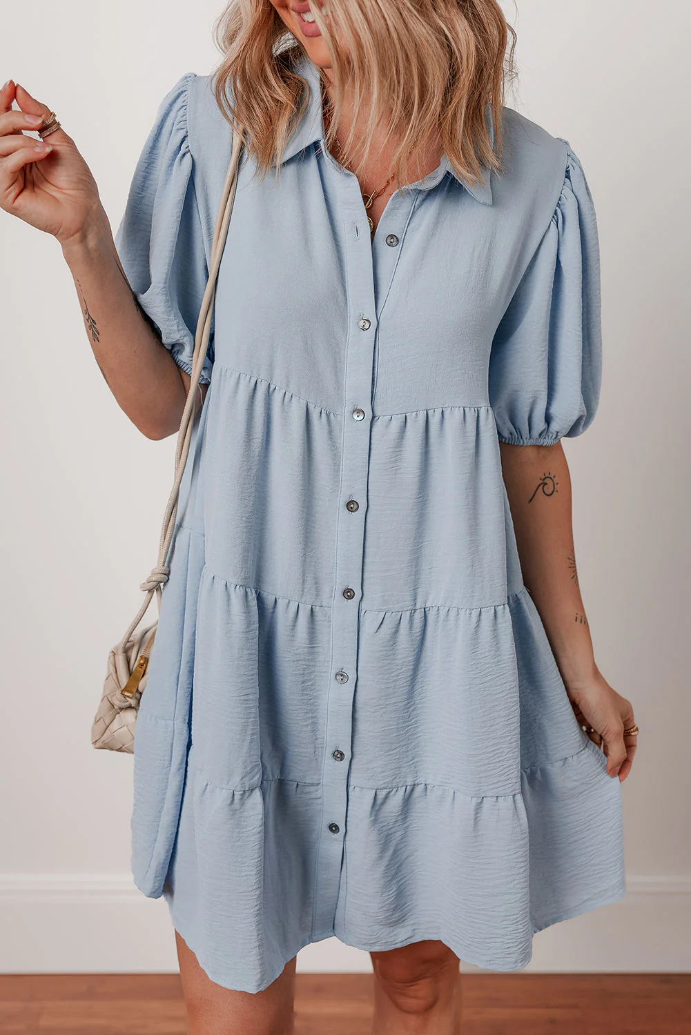 Threaded Pear Arya Shirt Collar Button Up Puff Sleeve Tiered Dress - Image 4