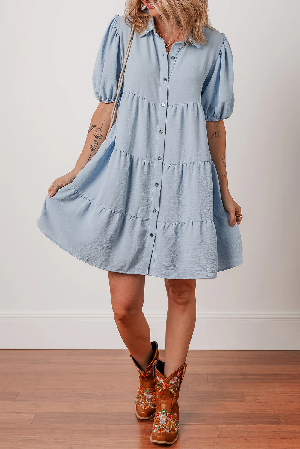 Threaded Pear Arya Shirt Collar Button Up Puff Sleeve Tiered Dress - Image 5