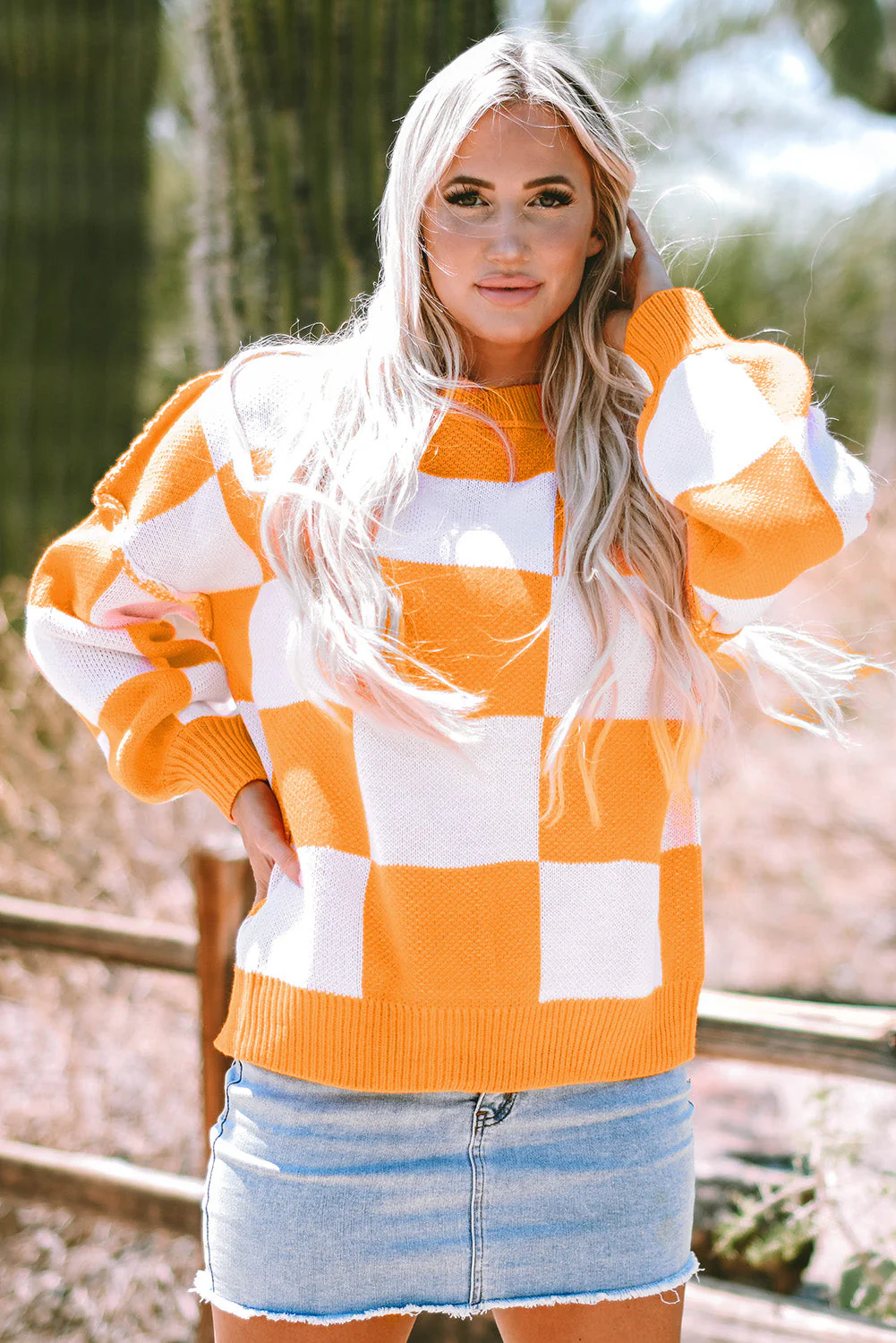 Threaded Pear Ashley Checkered Bishop Sleeve Sweater - Image 4