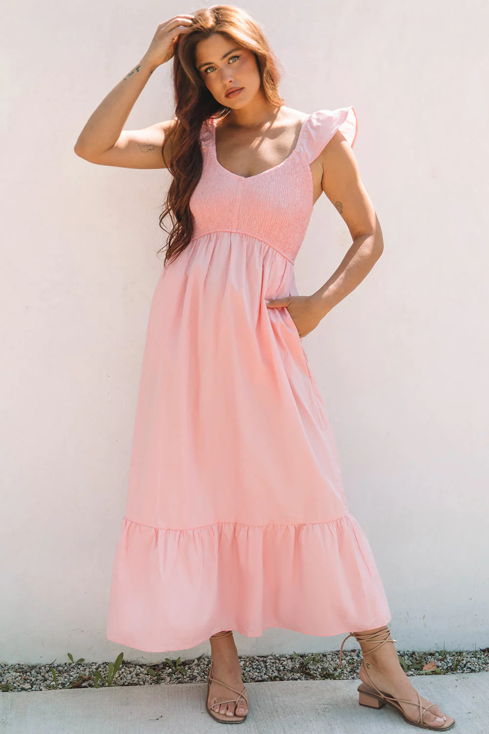 Threaded Pear Ashlyn Flutter Sleeve Smocked Bodice Maxi Dress - Image 4