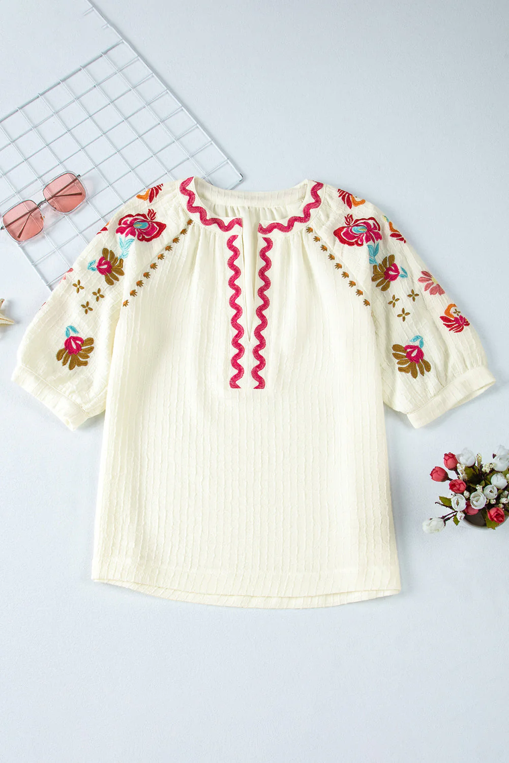 Threaded Pear August Floral Embroidered Puff Sleeve Blouse - Image 5