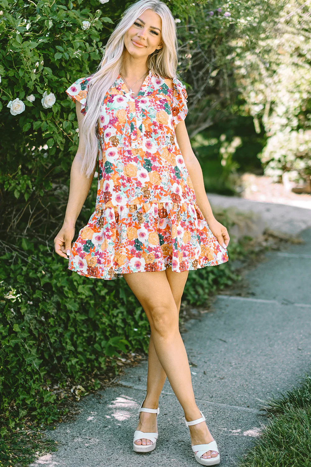 Threaded Pear August Floral Print Split Neck Flutter Sleeve Dress - Image 4