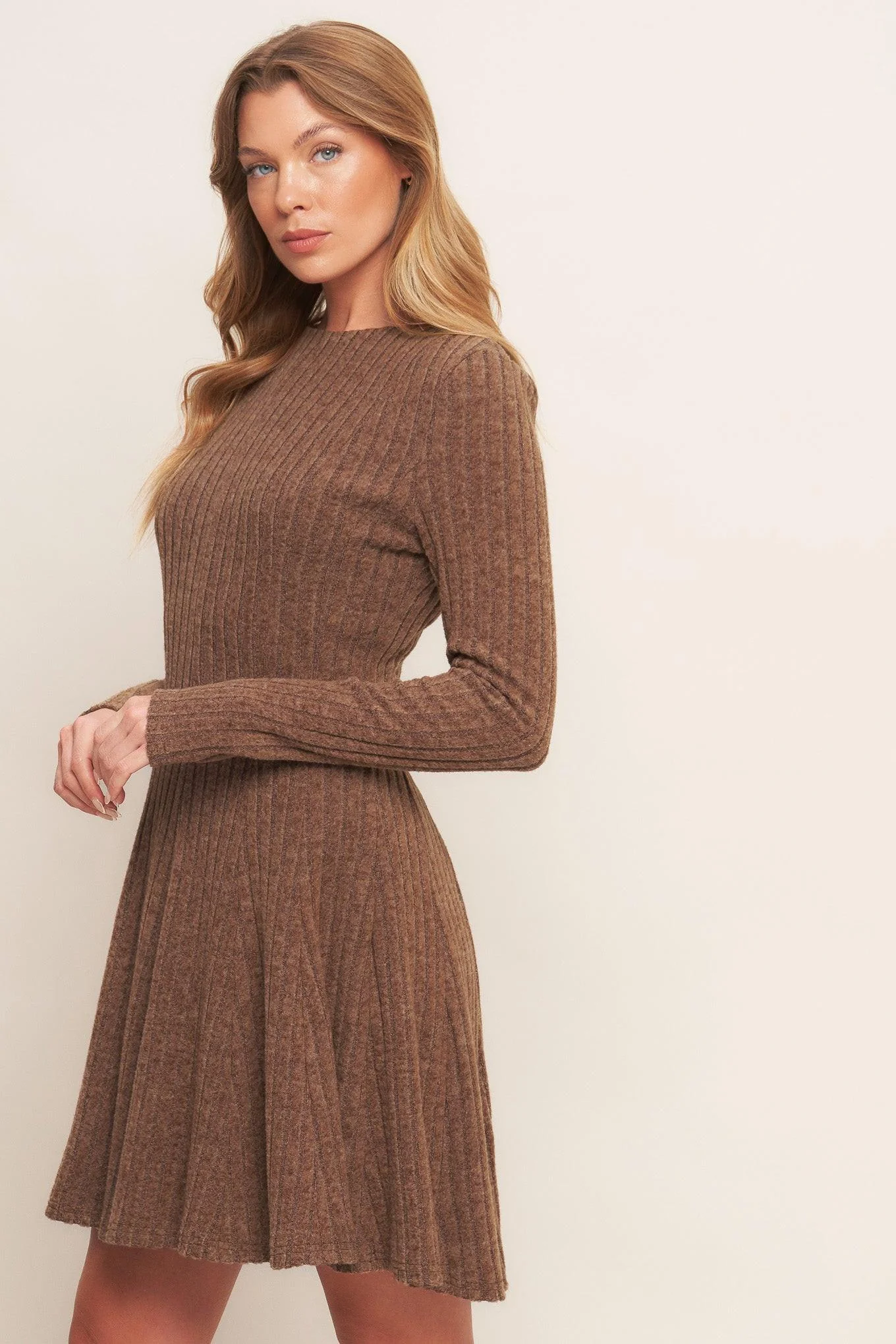 Autumn Coffee Brown Knit Mini Dress - Image 4