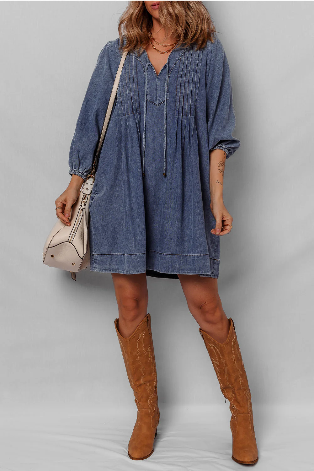 Threaded Pear Autumn Tied Pleated Mini Dress - Image 6