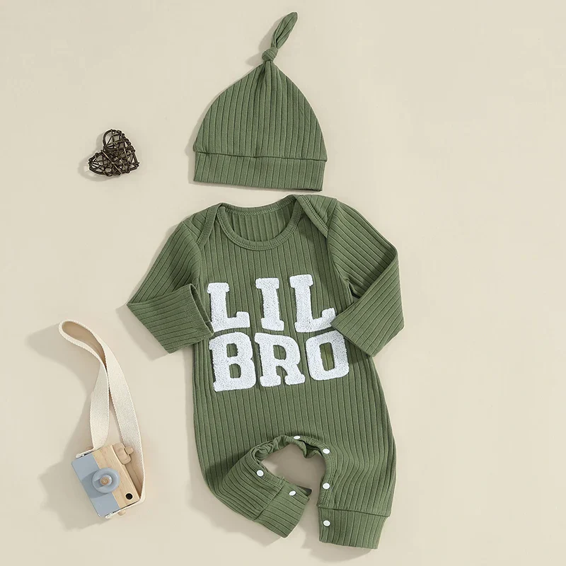 Baby Boy 2Pcs Lil Bro Jumpsuit and Hat Set Long Sleeve Round Neck Letter Print Ribbed Romper with Beanie Outfit - Image 19