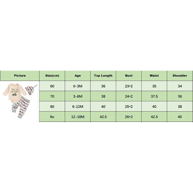 Baby Boys 3Pcs New To The Farm Long Sleeve O-Neck Embroidery Romper with Tractor Print Pants Hat Outfit Set - Image 7